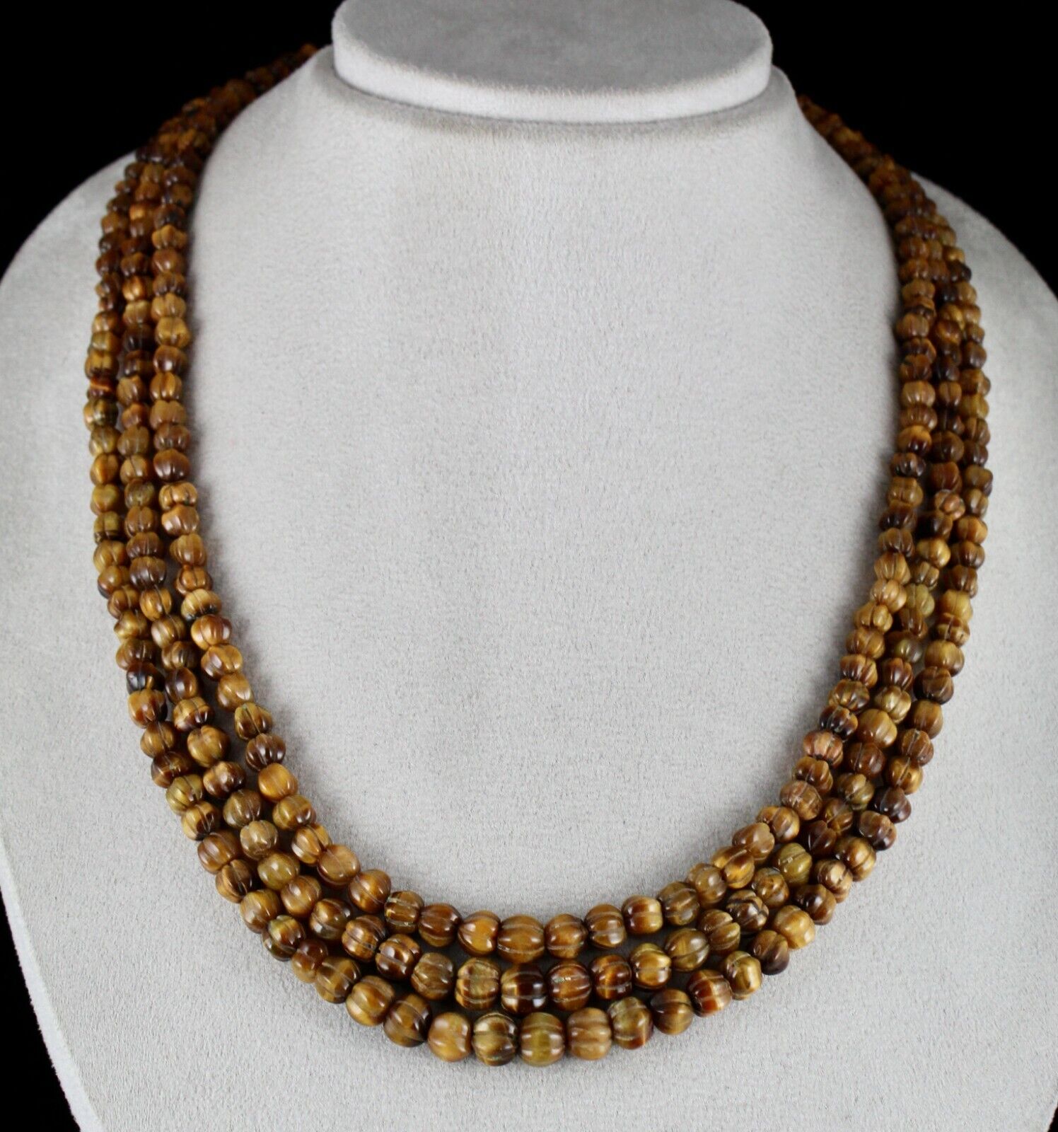 NATURAL TIGER EYE BEADS CARVED 3 LINE 593 CTS GEMSTONE LADIES ANTIQUE NECKLACE