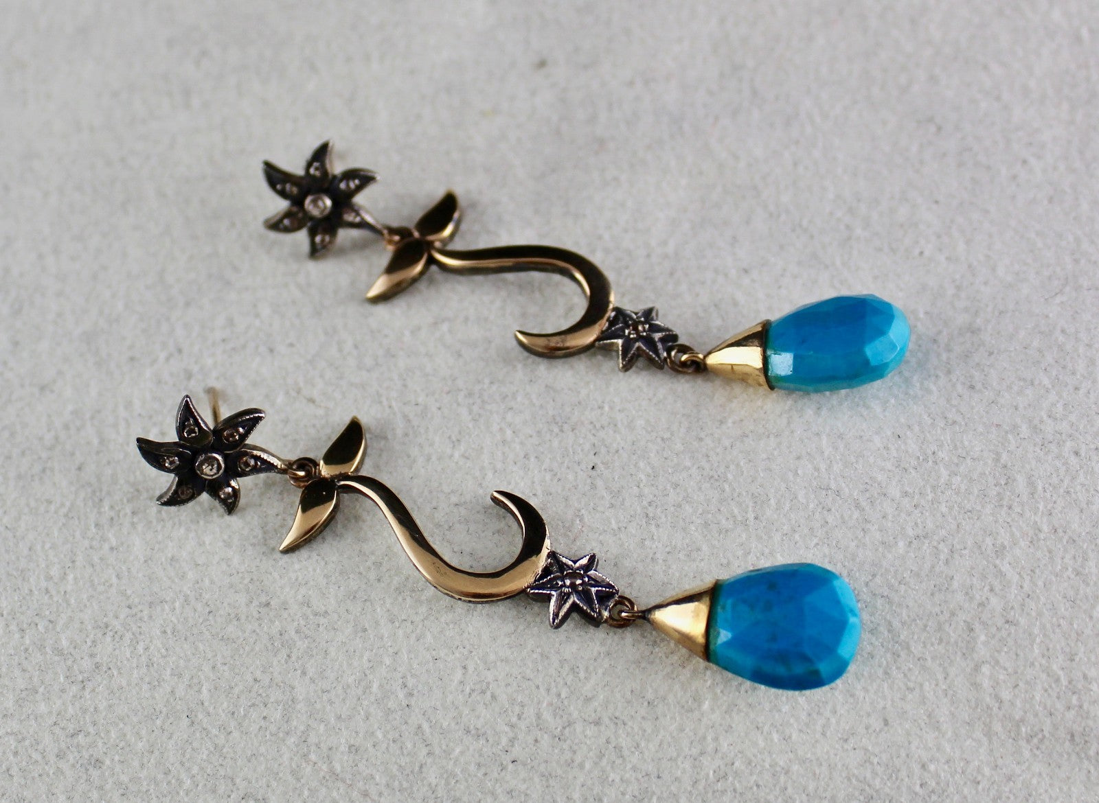 Victorian 18k Yellow Gold Silver Blue Turquoise 10ct Natural Diamond Earrings