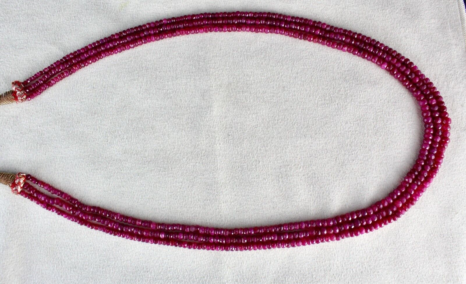 RUBY CORUNDUM BEADS LONG 3 LINE 272 CARATS OLD DYED GEMSTONE NECKLACE