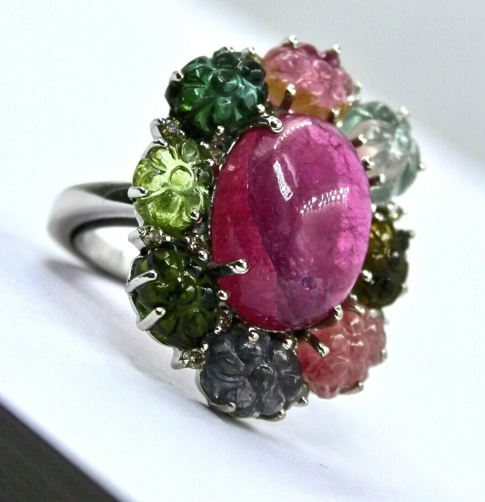 MULTI COLOR TOURMALINE CARVED FLOWER DIAMOND RING IN 925 STERLING SILVER