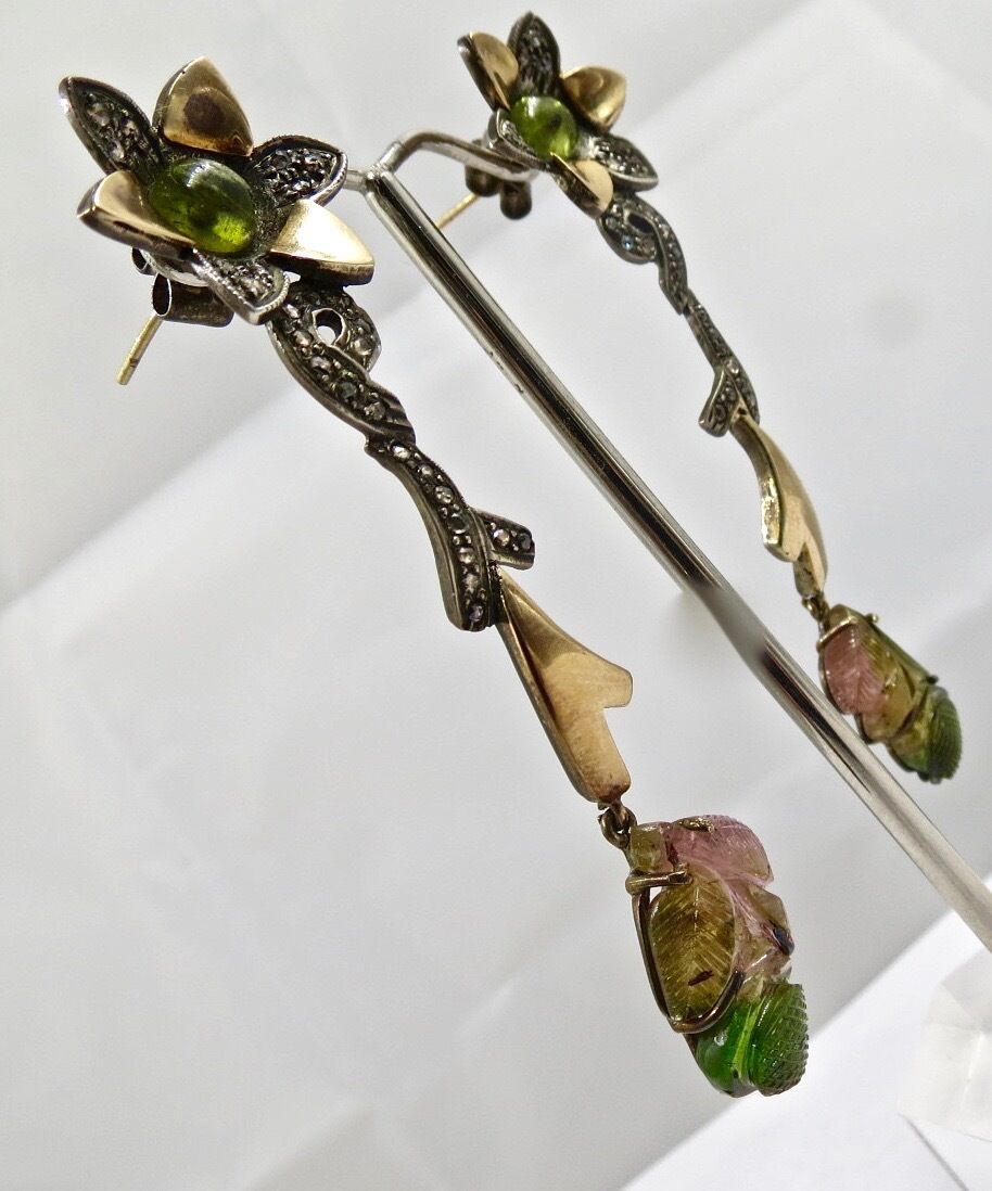 Natural Multi Tourmaline Carved Diamond 18 K Gold 925 Silver Victorian Earring