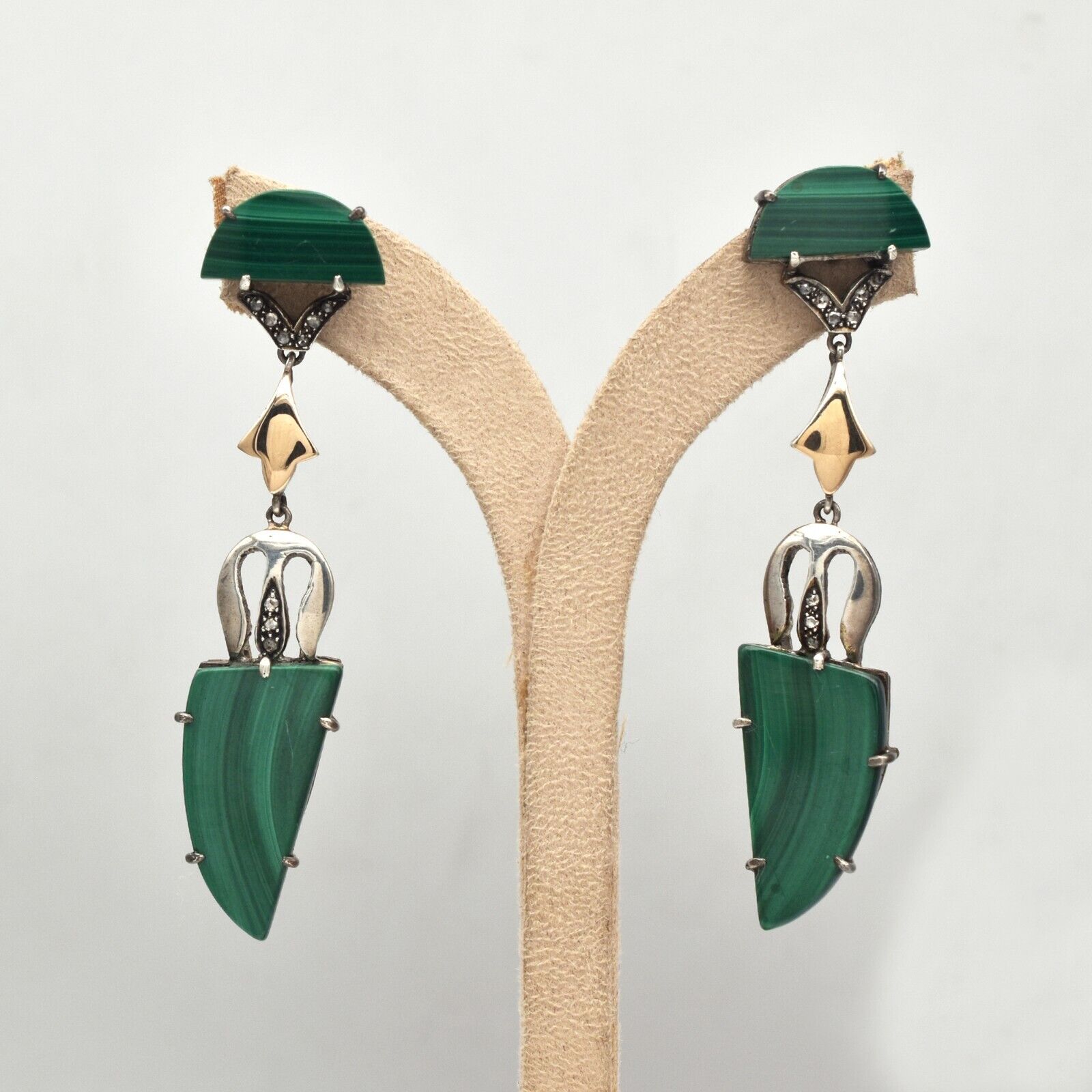 Vintage Natural Green Malachite Diamond Silver 18K Gold Victorian Dangle Earring