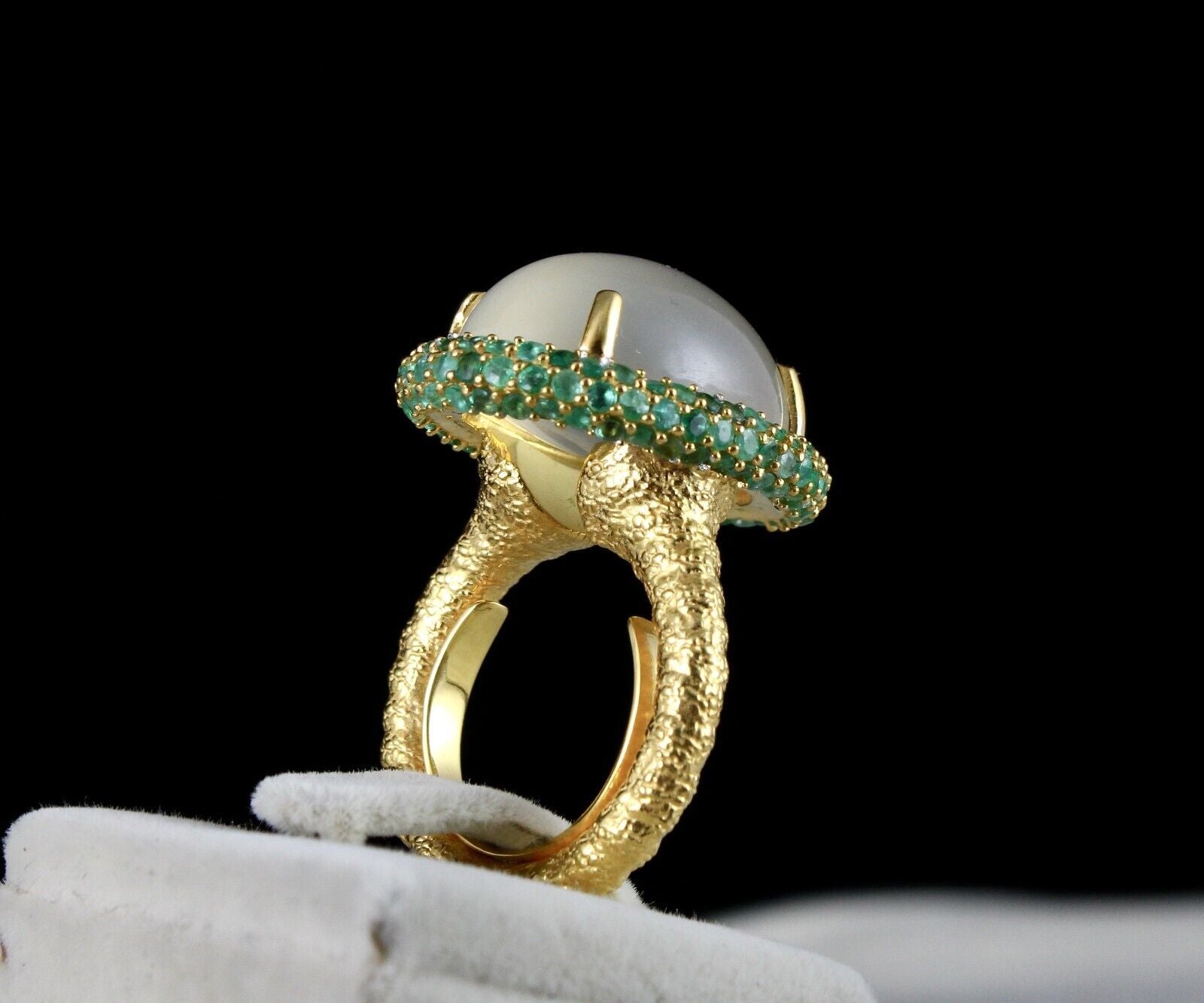 NATURAL MOONSTONE CABOCHON EMERALD 925 STERLING SILVER FINE DESIGN GEMSTONE RING