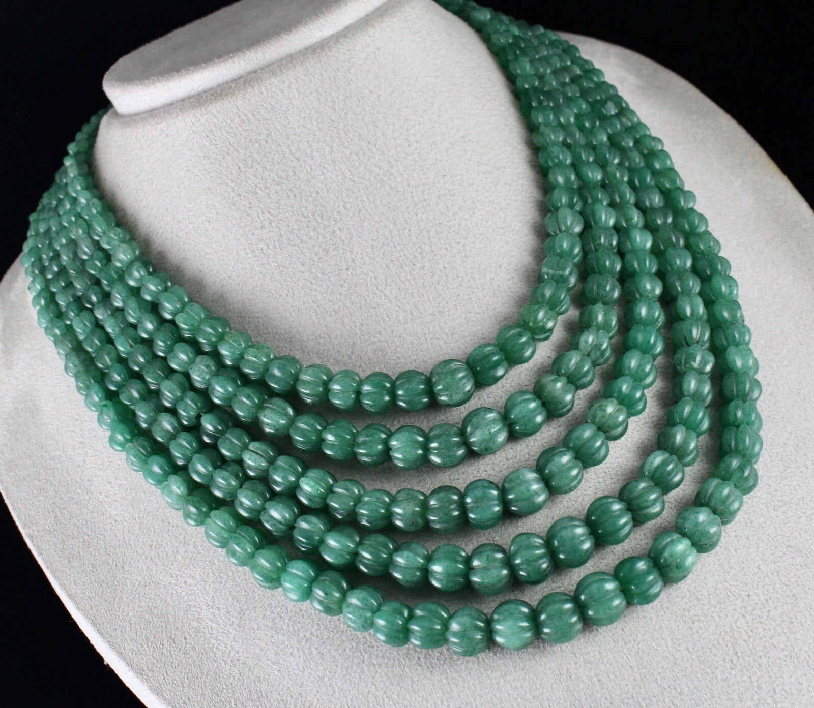 Natural Green Quartz Melon Beaded Necklace 1153 Ct 5 Line Old Carved Gemstone