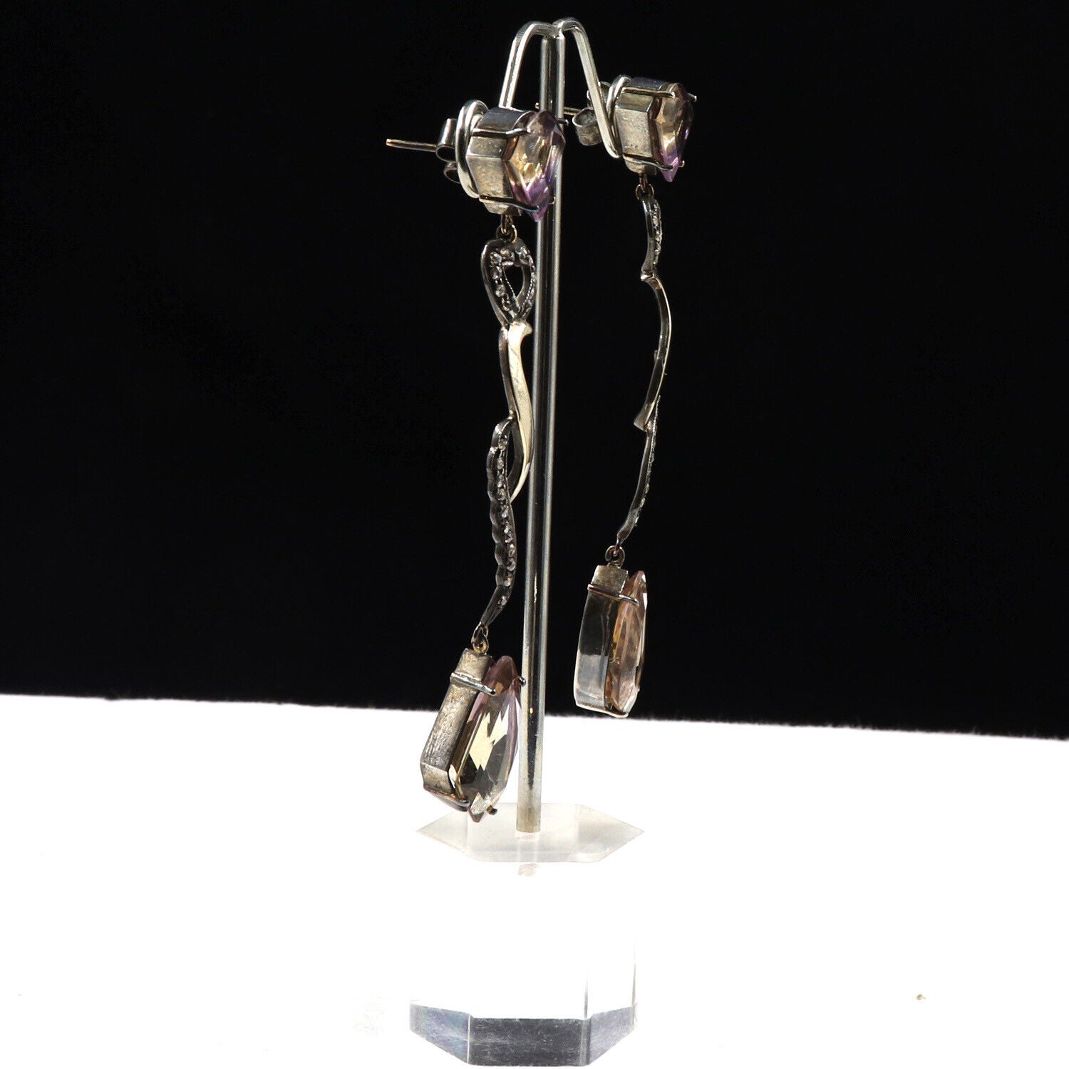Natural Ametrine Multi Cut 18K Gold Diamond & 925 Silver Victorian Earring