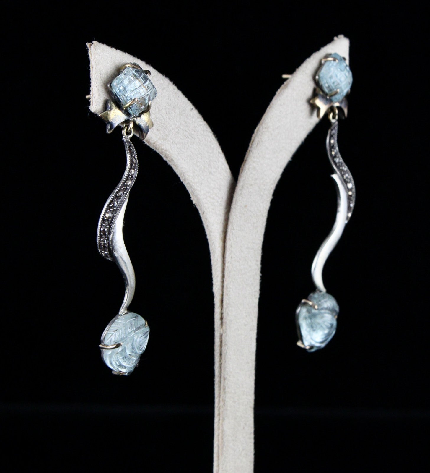 Natural Blue Aquamarine 10ct Carved Natural Diamond 18k Gold 925 Silver Earrings