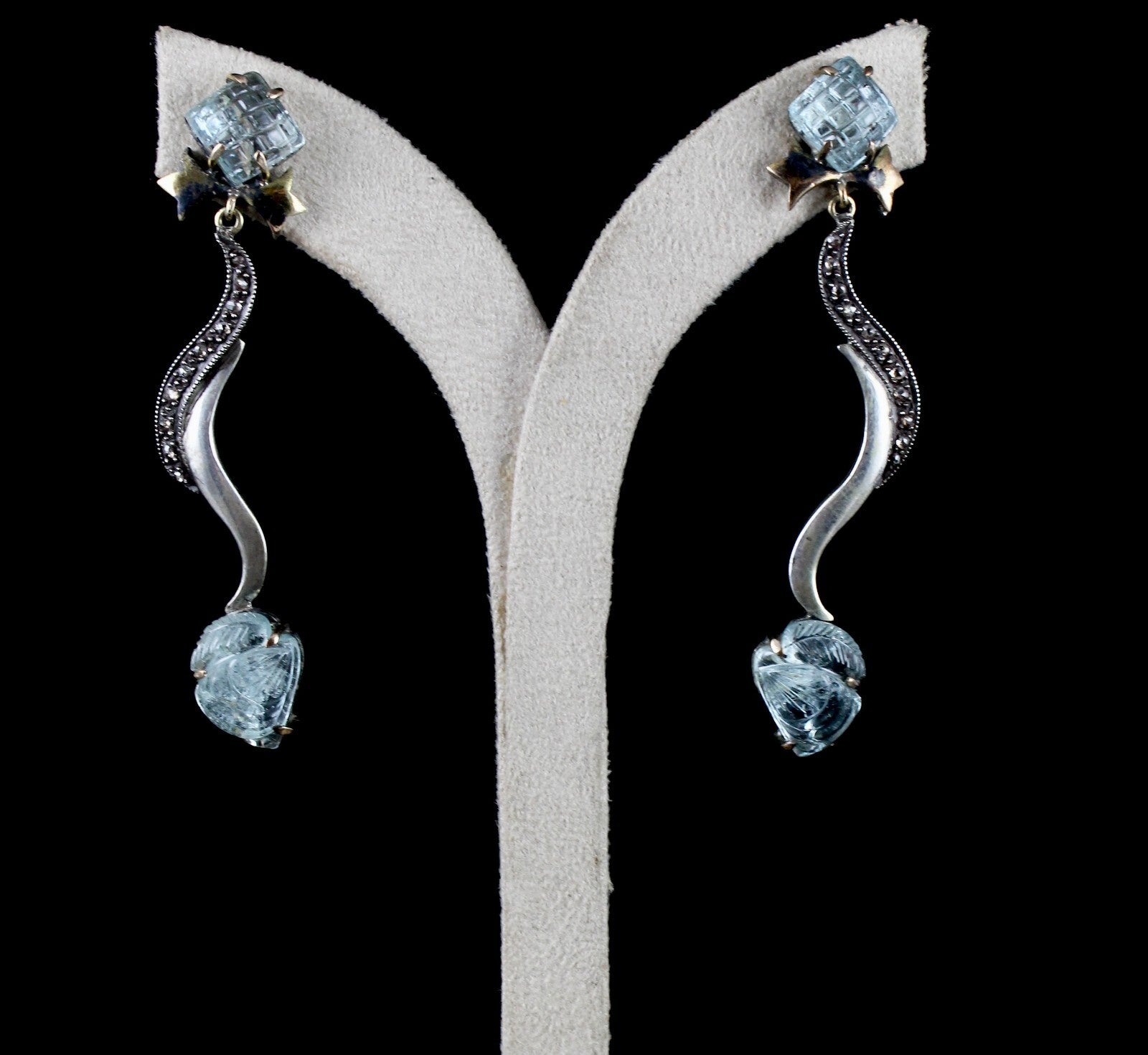 Natural Blue Aquamarine 10ct Carved Natural Diamond 18k Gold 925 Silver Earrings