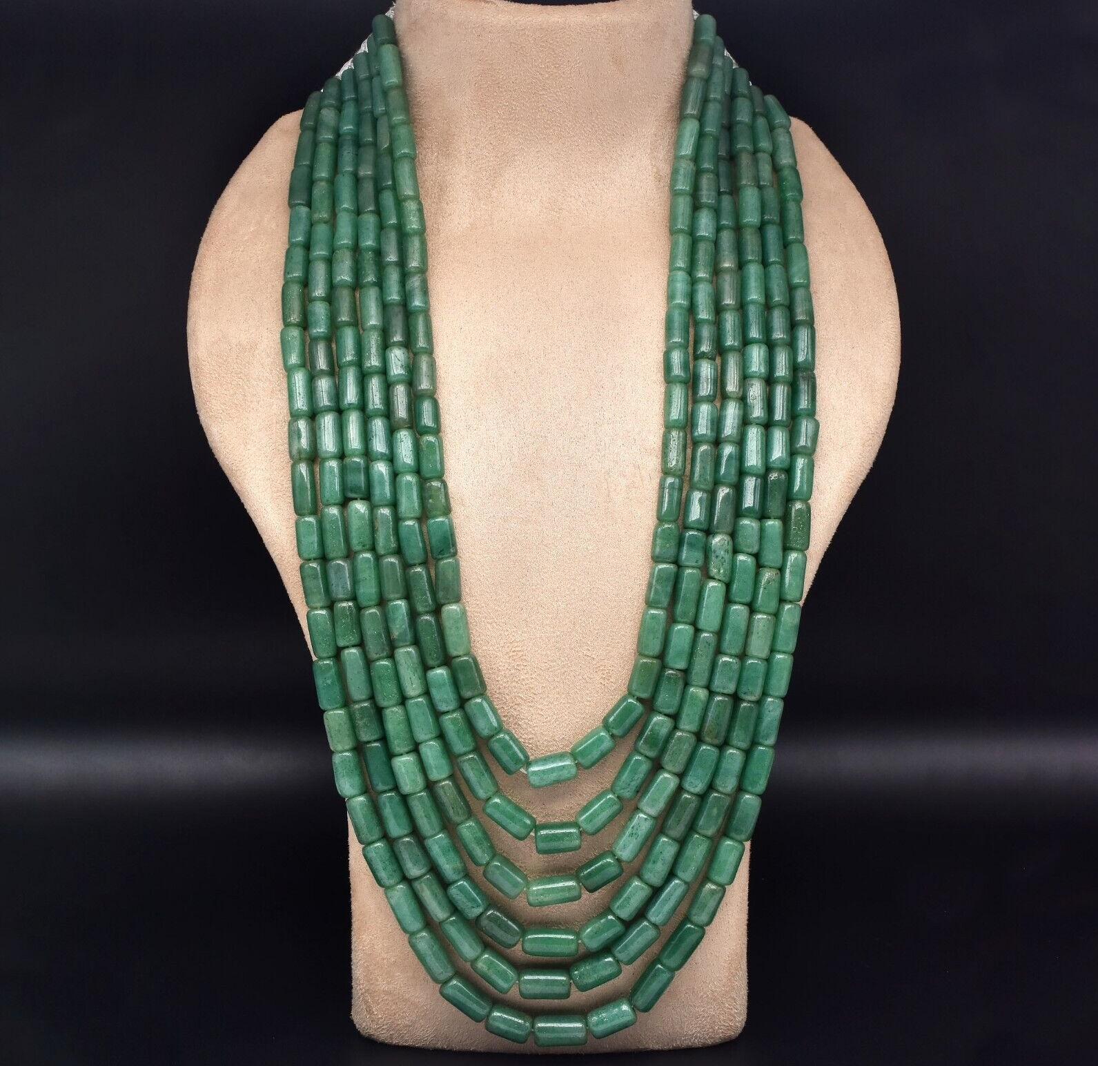 Natural Green Quartz Aventurine Tube beads Necklace 6 L 1774 Ct Vintage Gemstone
