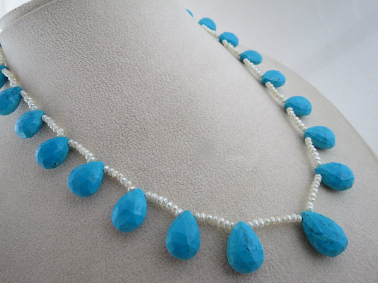 BLUE TURQUOISE MAGNESITE FACETED TEAR DROP BEADS 205 CTS PEARL SILVER NECKLACE