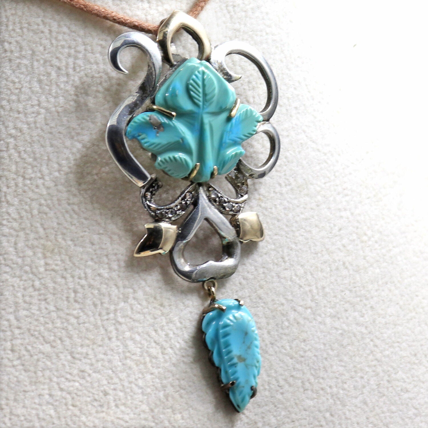 NATURAL REAL TURQUOISE CARVED DIAMOND VICTORIAN PENDANT IN 925 SILVER & GOLD