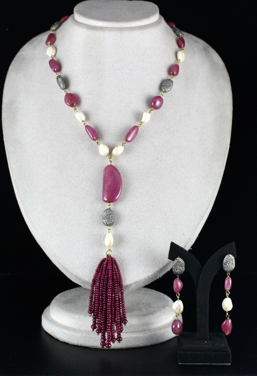 Certified Natural Ruby 555ct Pearl Natural Diamond Bead Necklace 18k Gold Set