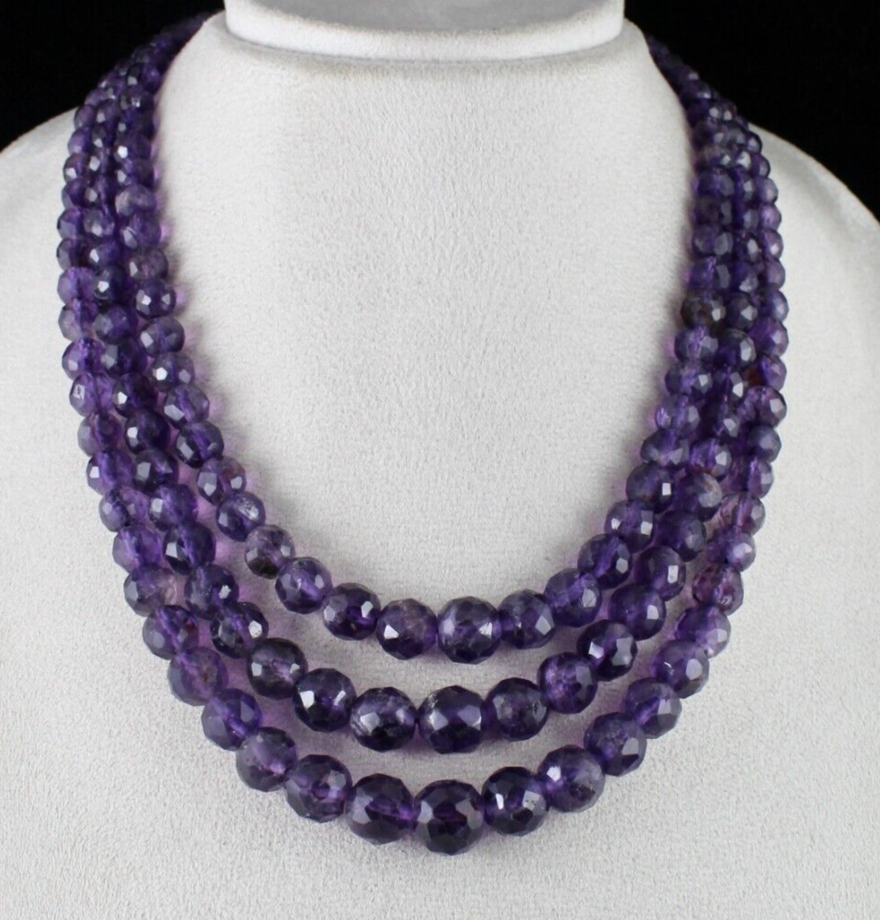 Natural Amethyst 839ct Round Faceted Beaded Necklace 3 Line Gemstone