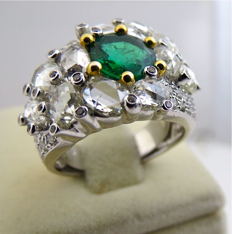 TOP NATURAL ZAMBIAN EMERALD ROUND CUT ROSE CUT DIAMOND 18K GOLD STATEMENT RING
