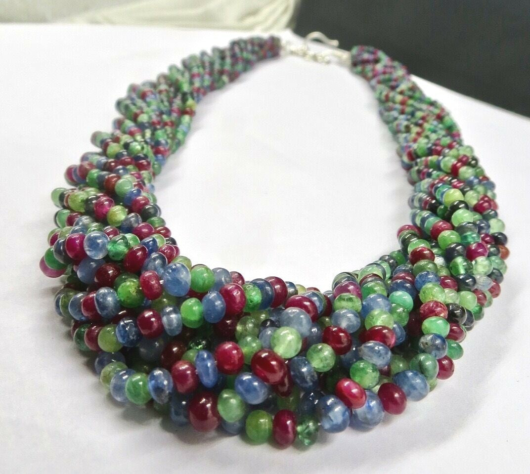 Certified Natural Emerald Ruby Sapphire Beads Necklace Multi Round 604ct 12l