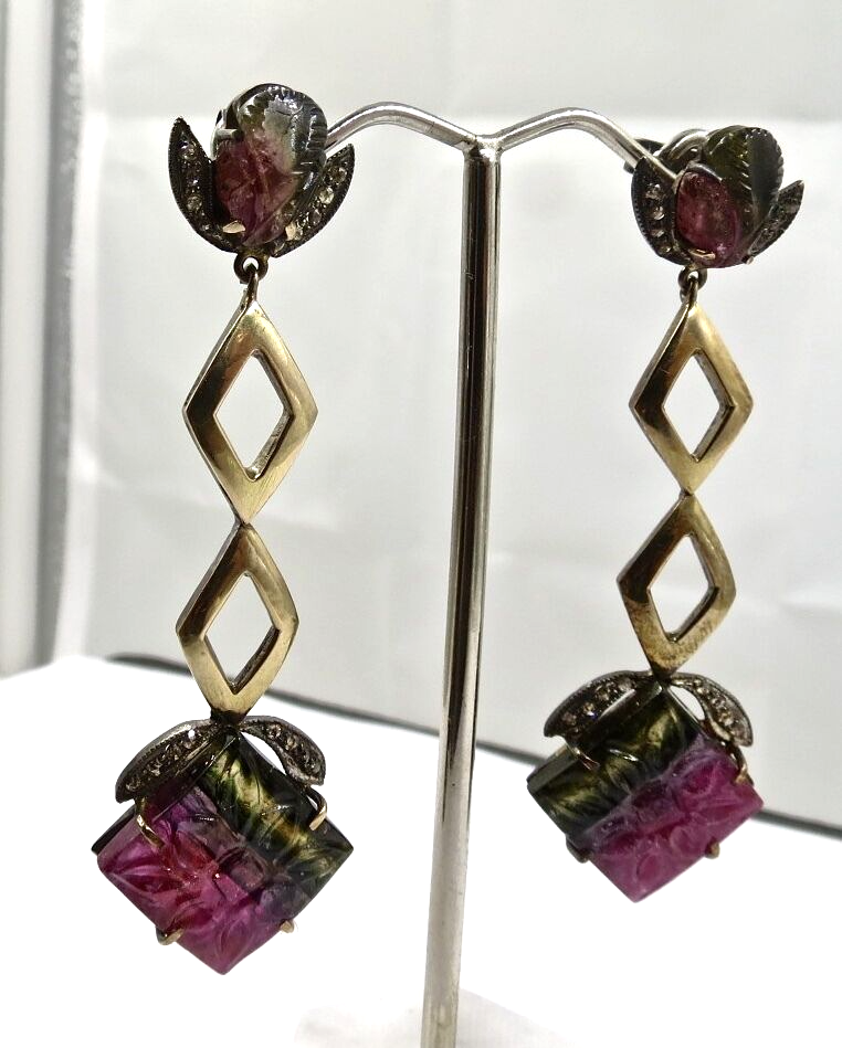 NATURAL MULTI TOURMALINE GEMSTONE DIAMOND 18K GOLD 925 SILVER VICTORIAN EARRING