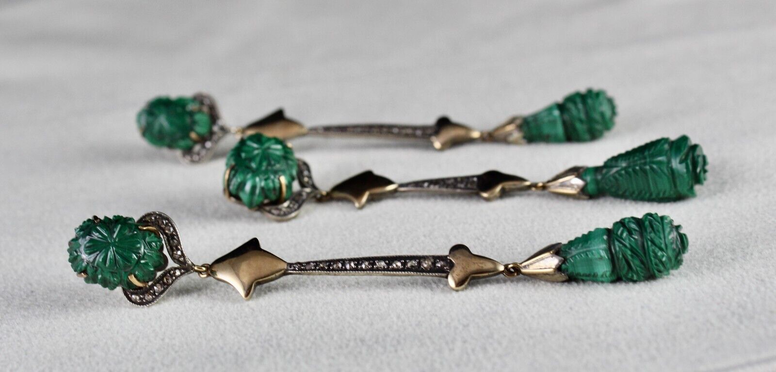 NATURAL MALACHITE CARVED DIAMOND SILVER 18K GOLD VICTORIAN PENDANT EARRING SET