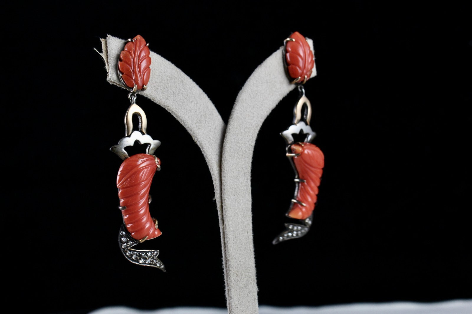Estate Victorian Natural Red Coral 10ct Natural Diamond Sterling Silver Earrings