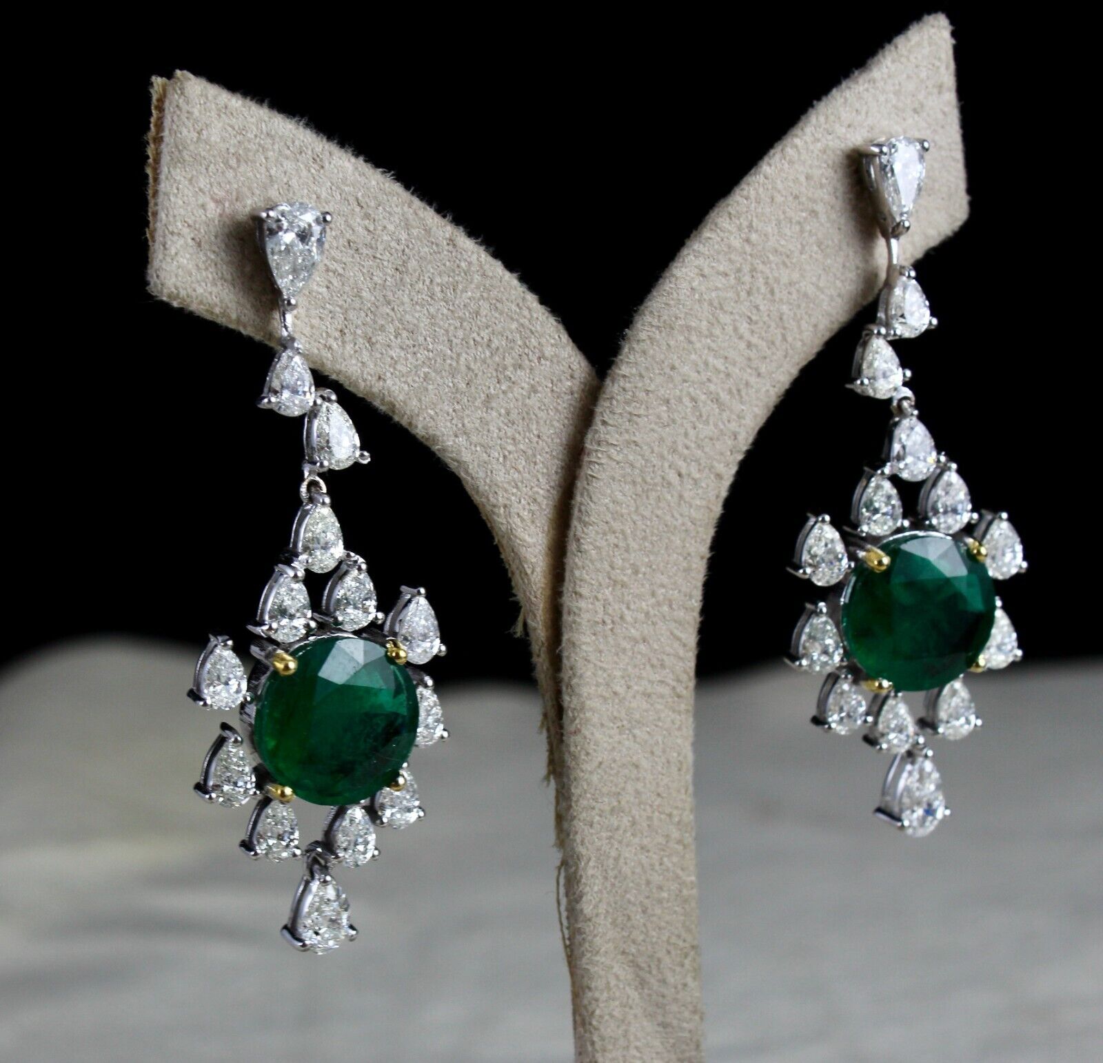 Natural Zambian Emerald Pair White Diamond Cut 18k Gold Dangle Important Earring