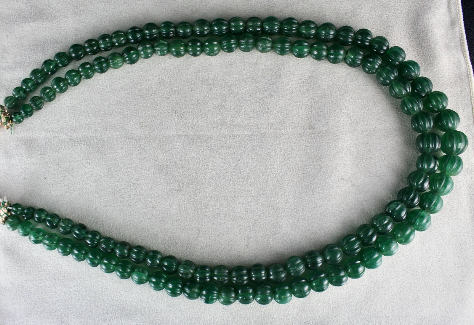Natural Green Quartz 1034 Ct Melon Beaded Necklace, Carved Gemstone, 2 Line