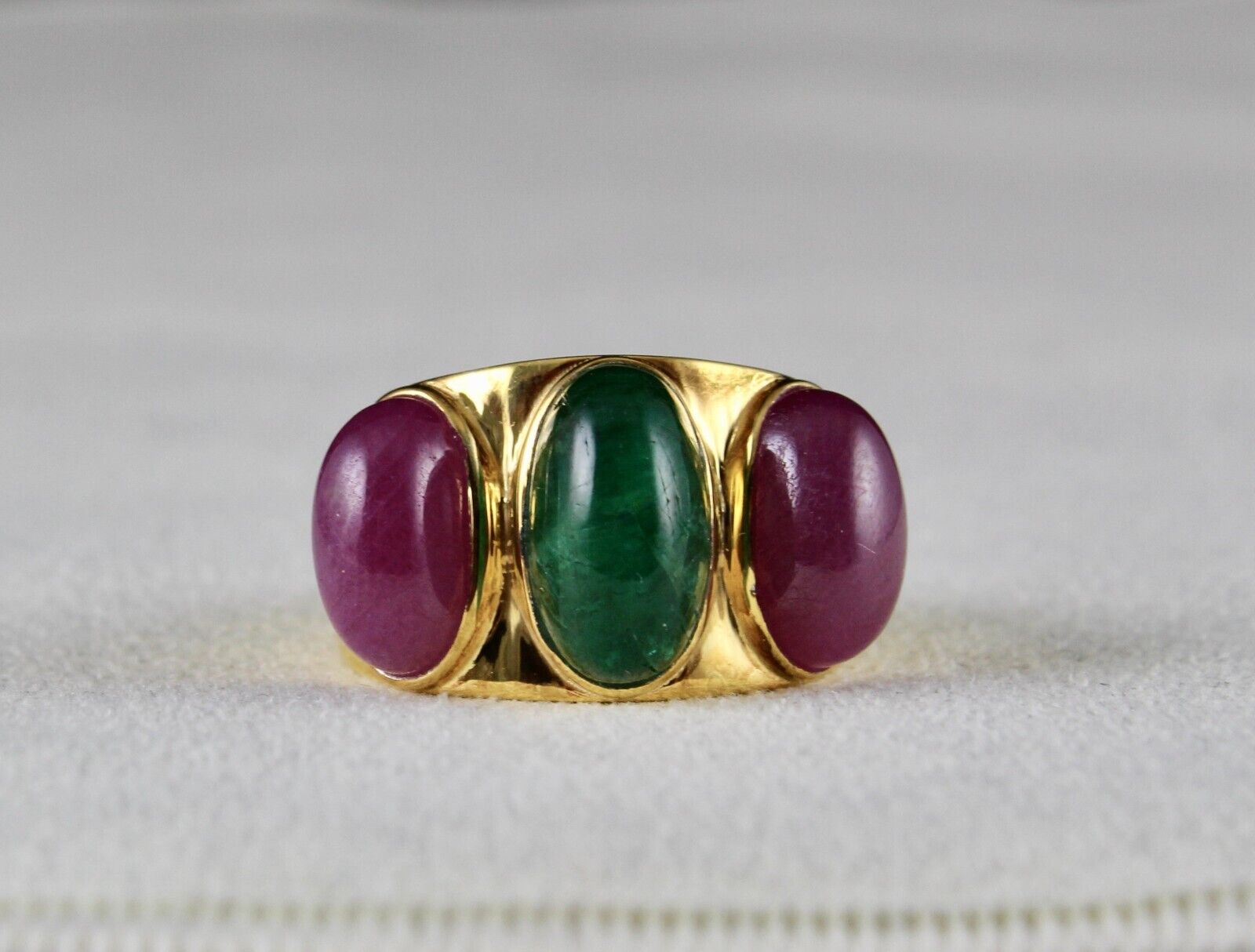 ANTIQUE NATURAL EMERALD RUBY CABOCHON GEMSTONE DIAMOND GOLD PLATED SILVER RING