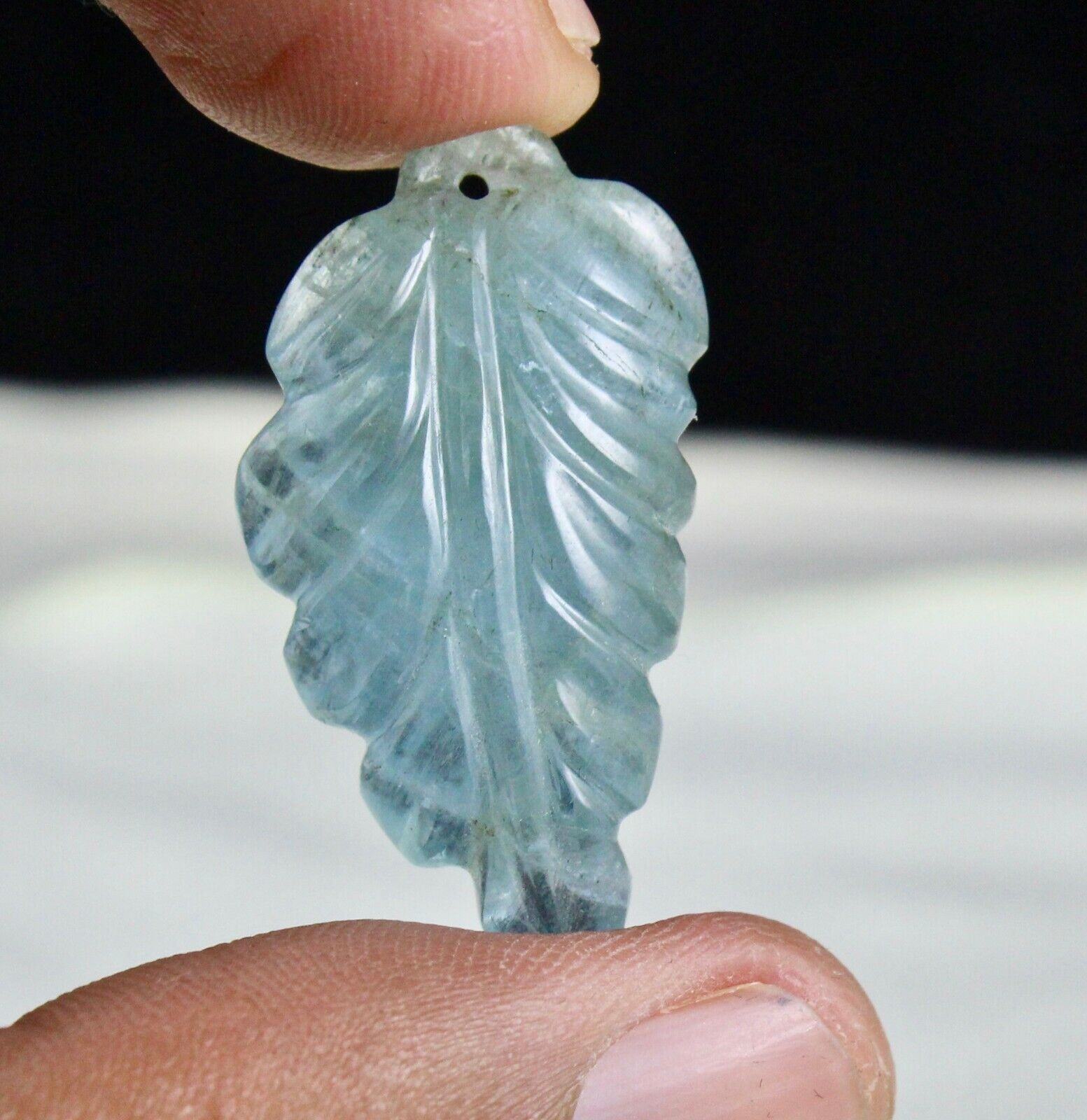 Estate Natural Blue Aquamarine Carved Leaf 30.09 Ct Gemstone Pendant Designing