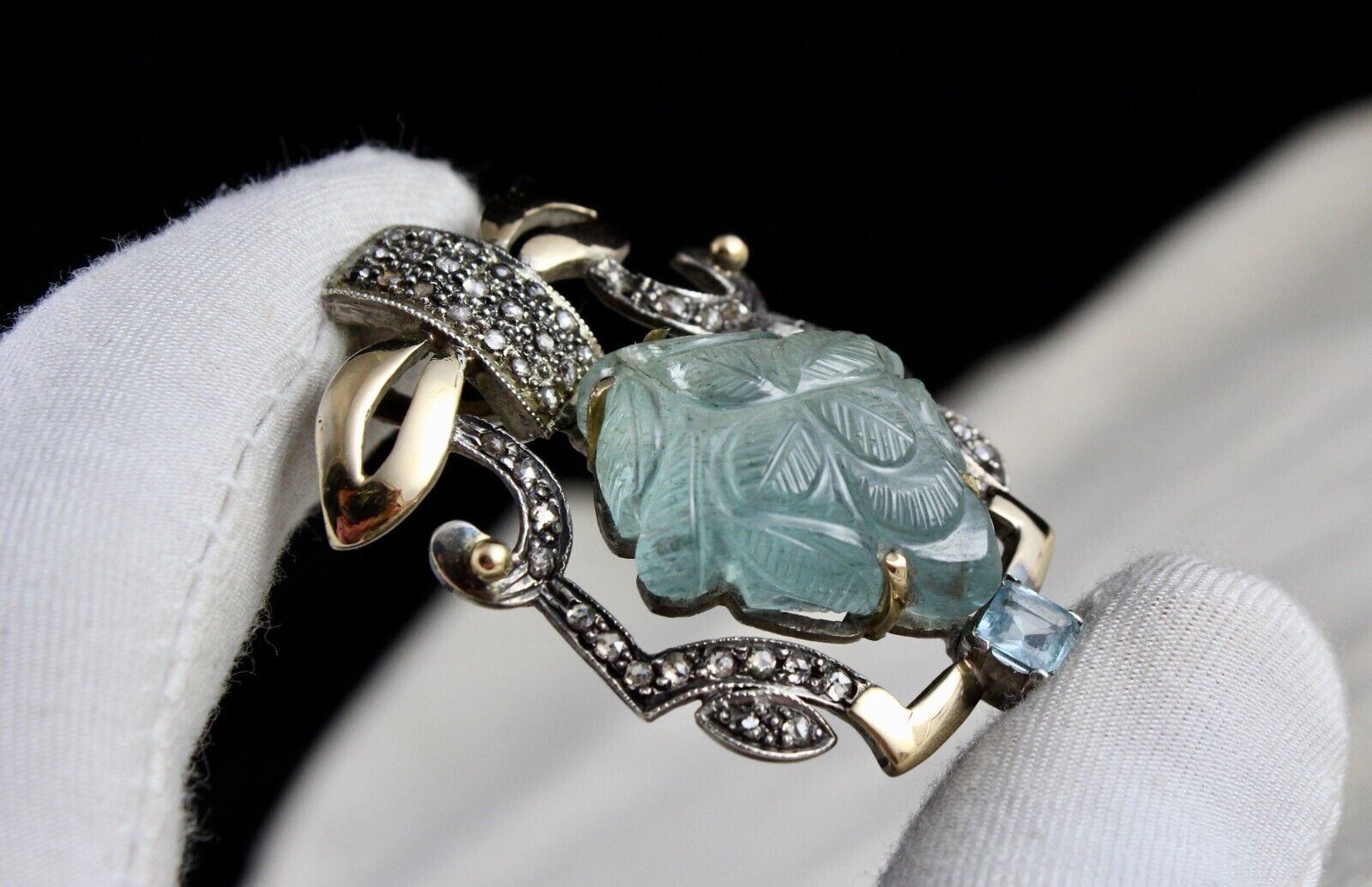 Natural Blue Aquamarine Carved Diamond 18K Gold 925 Silver Victorian Pendant