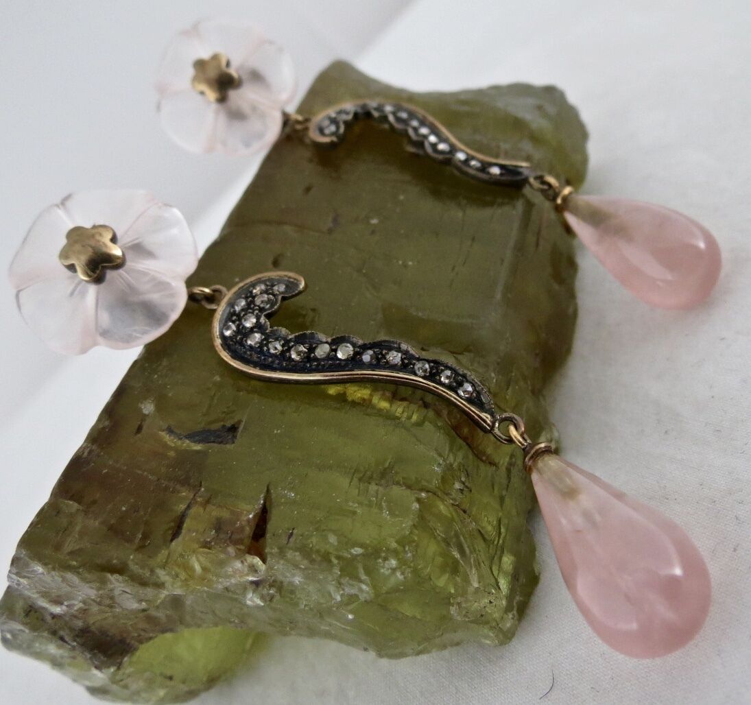 NATURAL ROSE QUARTZ CARVED FLOWER DIAMOND 18 K GOLD 925 SILVER VICTORIAN EARRING