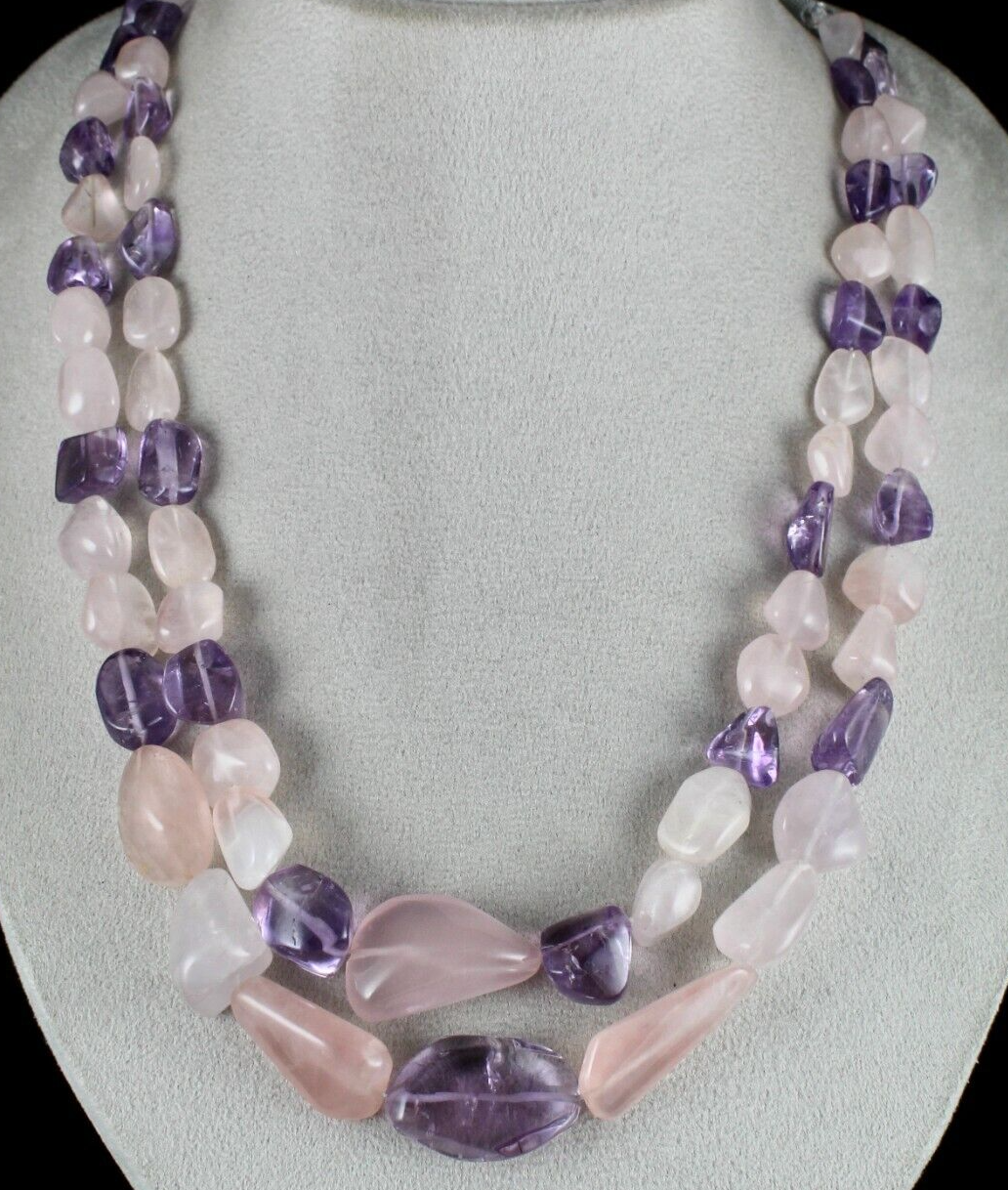 Natural Amethyst 908ct Rose Quartz Polished Rough Gemstone Beads Necklace