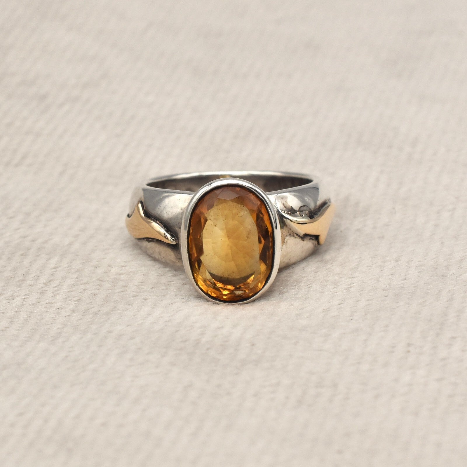 Vintage Unisex 61ct Yellow Citrine 18k Gold 925 Silver Victorian Ring
