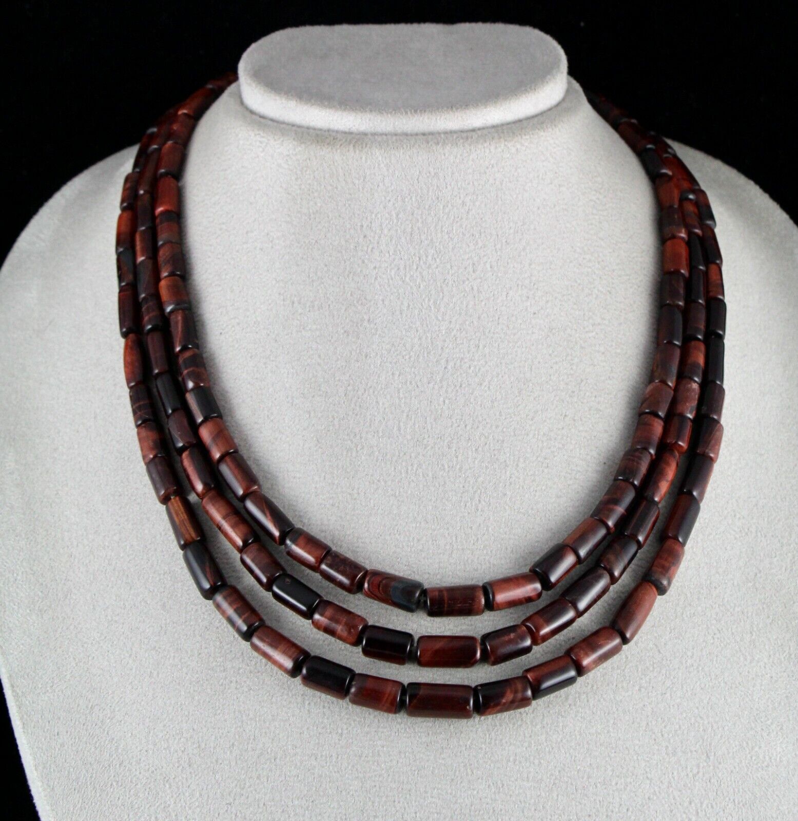 NATURAL RED TIGER EYE BEADS FANCY LONG 3 LINE 545 CTS GEMSTONE LADIES NECKLACE