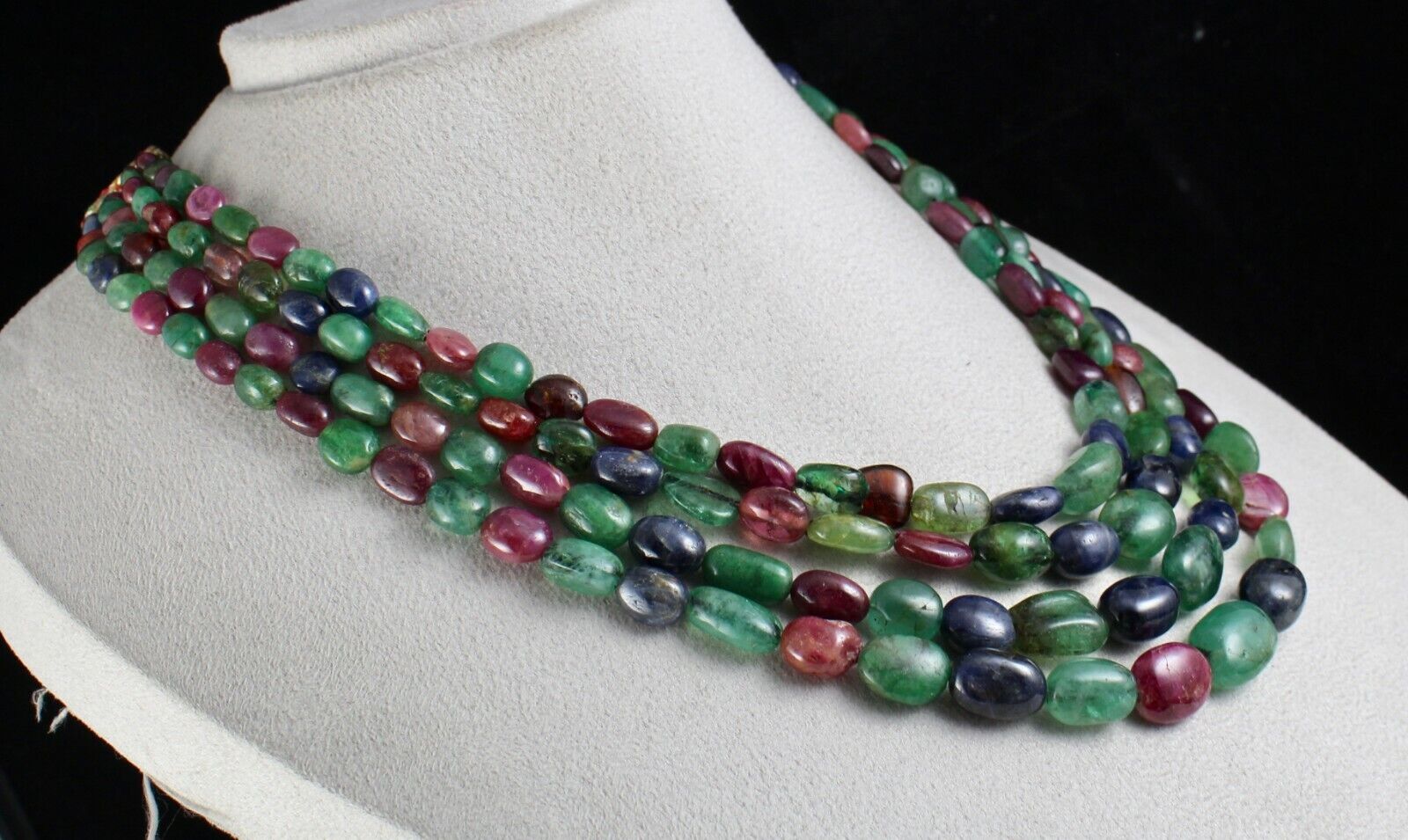 Natural Emerald Ruby Blue Sapphire Beads 4L 886 Ct Old Gemstone Antique Necklace