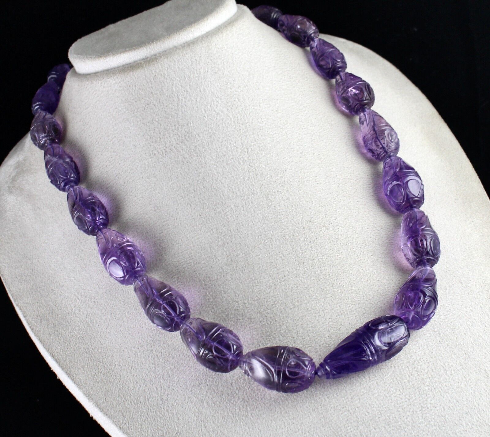 Vintage Natural Amethyst Beads Engraved Drop 965 Ct Purple Stone Silver Necklace