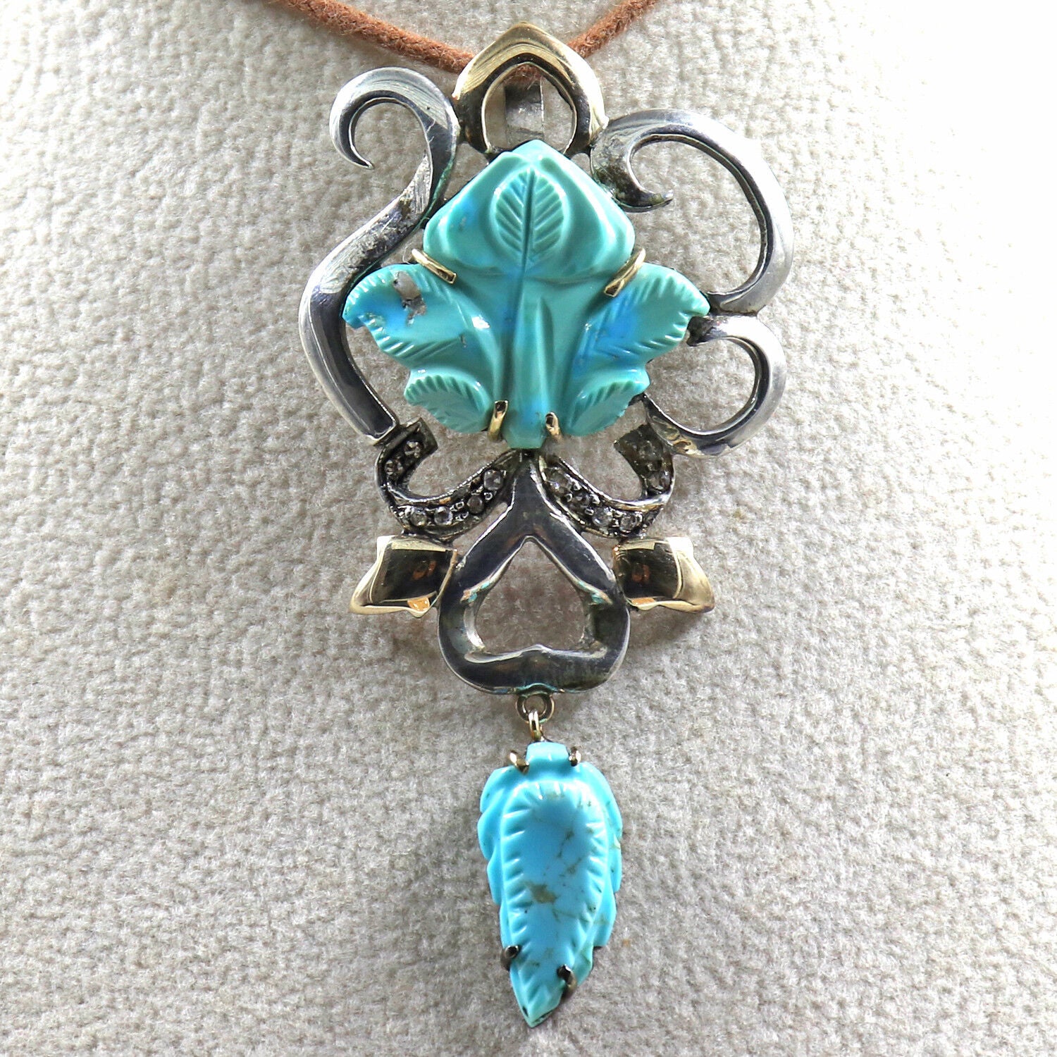 NATURAL REAL TURQUOISE CARVED DIAMOND VICTORIAN PENDANT IN 925 SILVER & GOLD