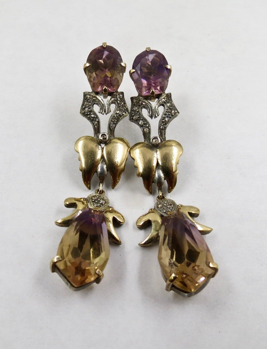 Certified Natural Ametrine 99.67ct Victorian 18k Gold & Sterling Silver Earrings
