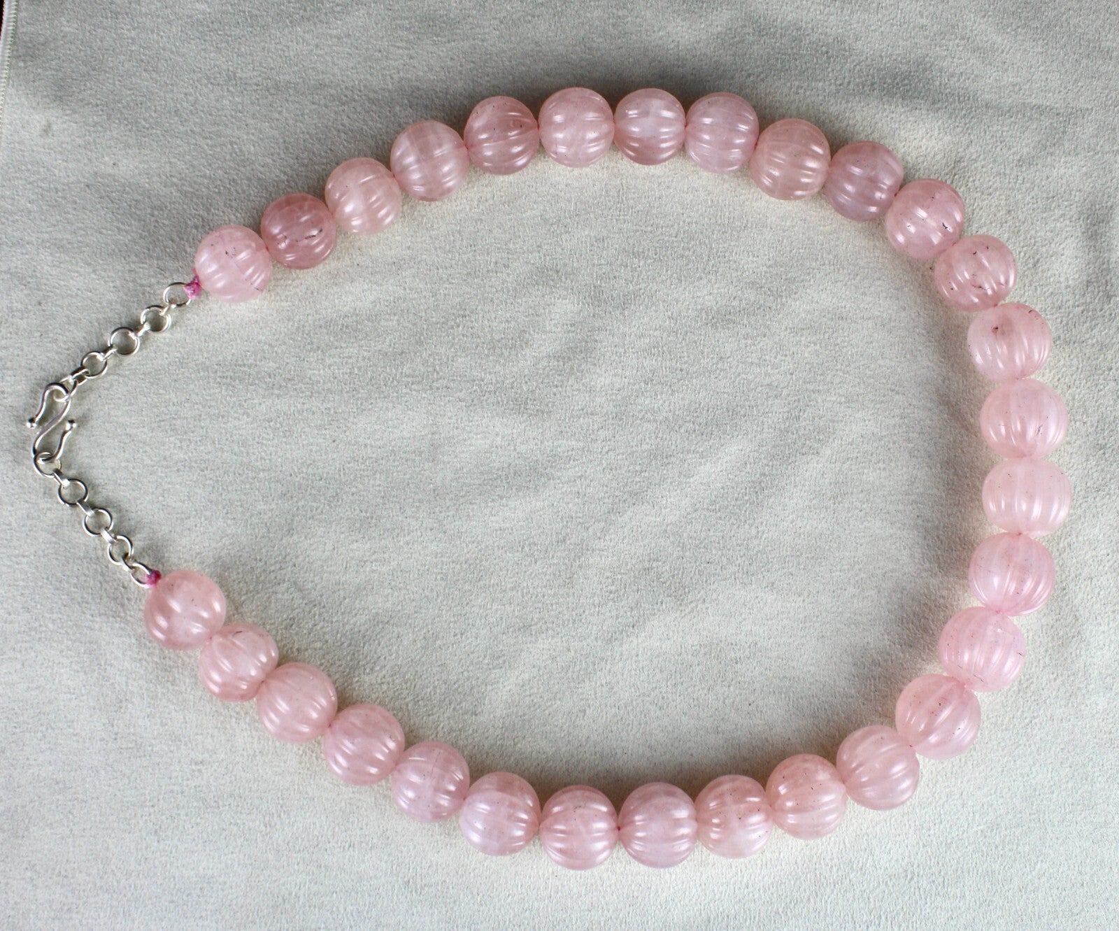 Natural Rose Quartz Melon Carved Beads Necklace 1185ct Gemstone Sterling Silver