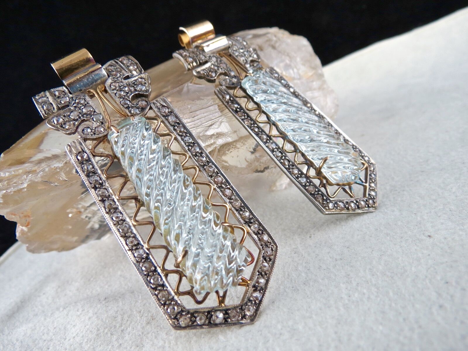 BLUE AQUAMARINE STONE & BEADS DIAMOND GOLD SILVER VICTORIAN EARRING PENDANT SET