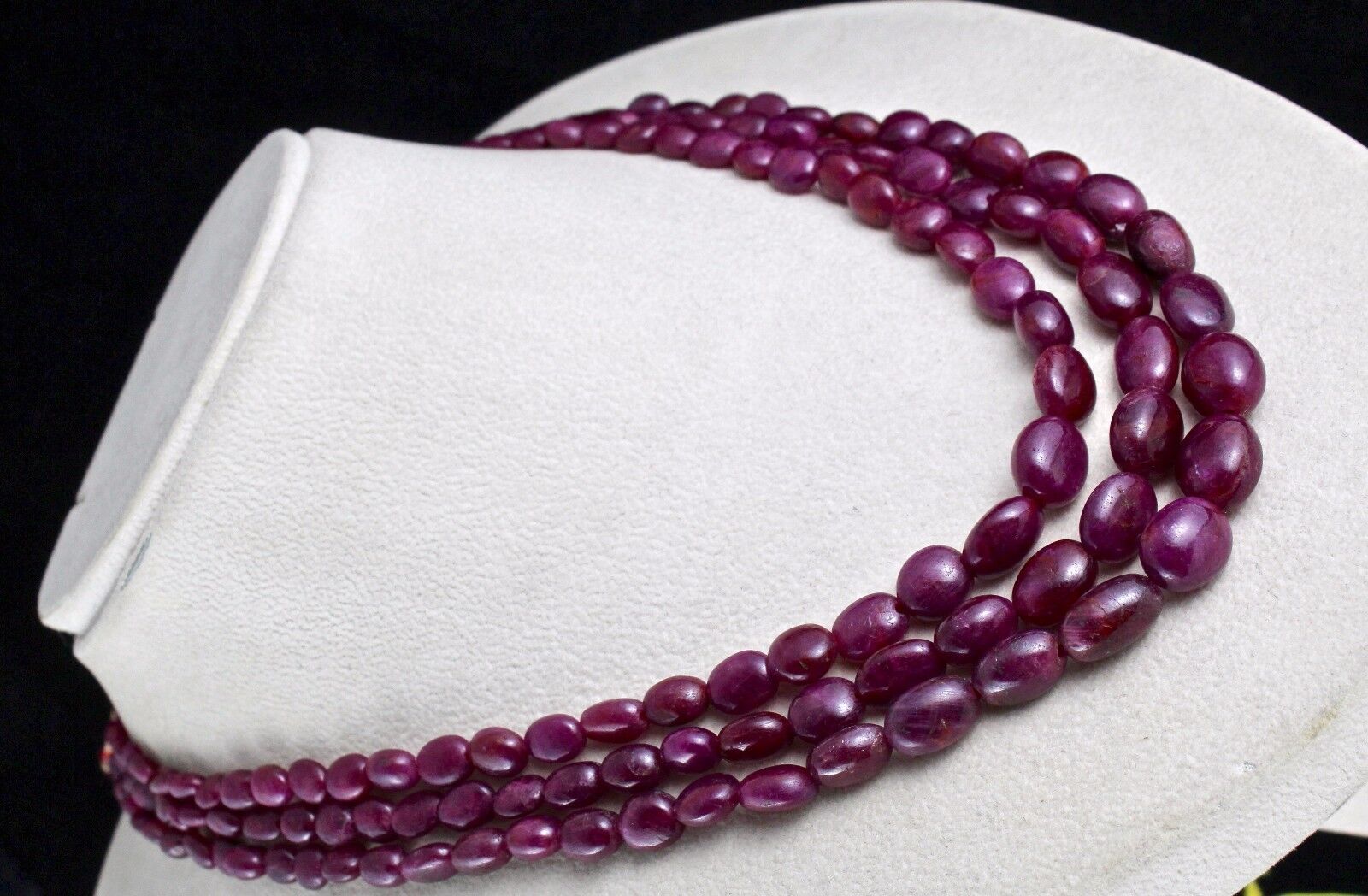 NATURAL UNTREATED RUBY BEADS LONG CABOCHON 3 LINE 568 CARATS GEMSTONE NECKLACE