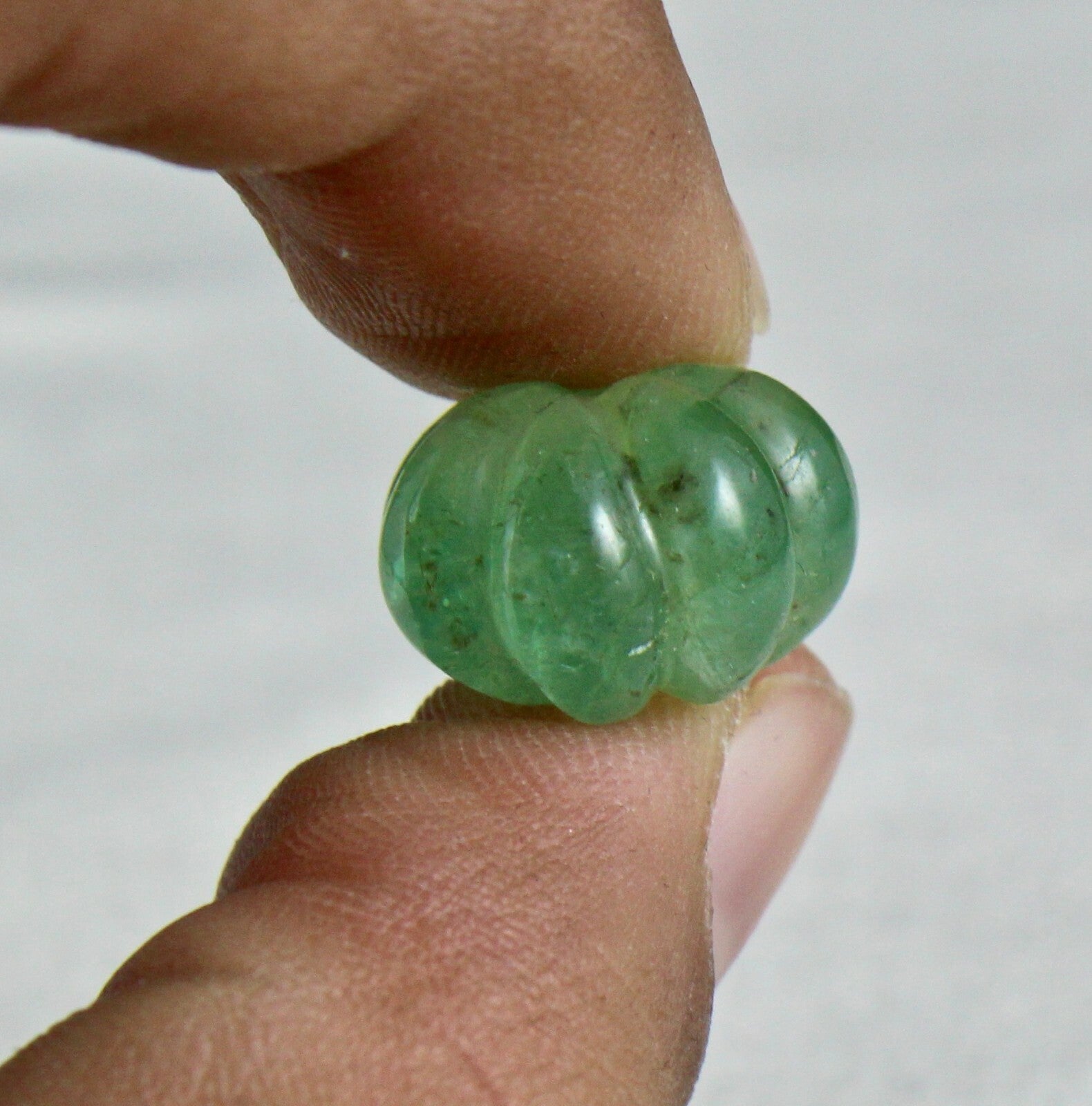 Certified Natural Colombia Emerald Carved Melon Drill Bead Gemstone 18.68 Ct