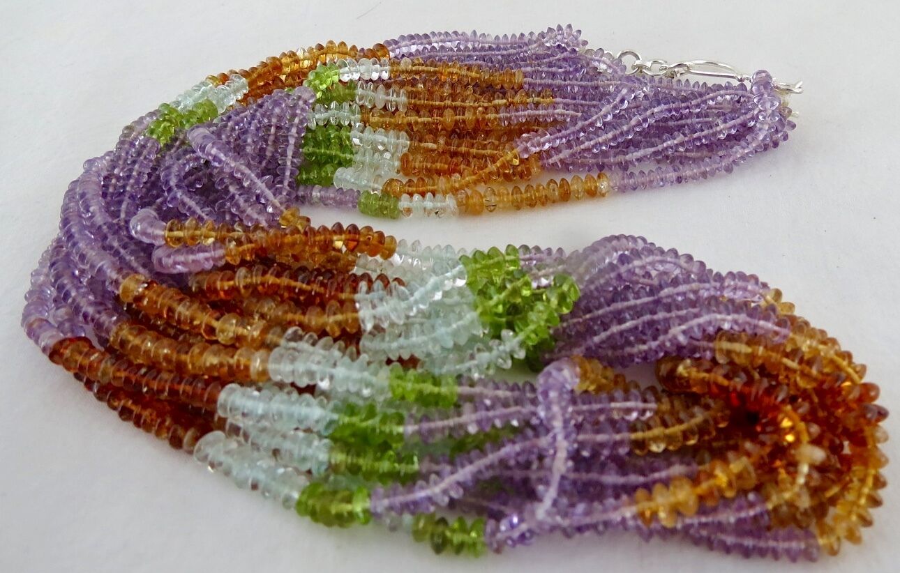 PERIDOT CITRINE AMETHYST BLUE TOPAZ AQUA 10 LINE 860 CTS ROUND BEADS NECKLACE