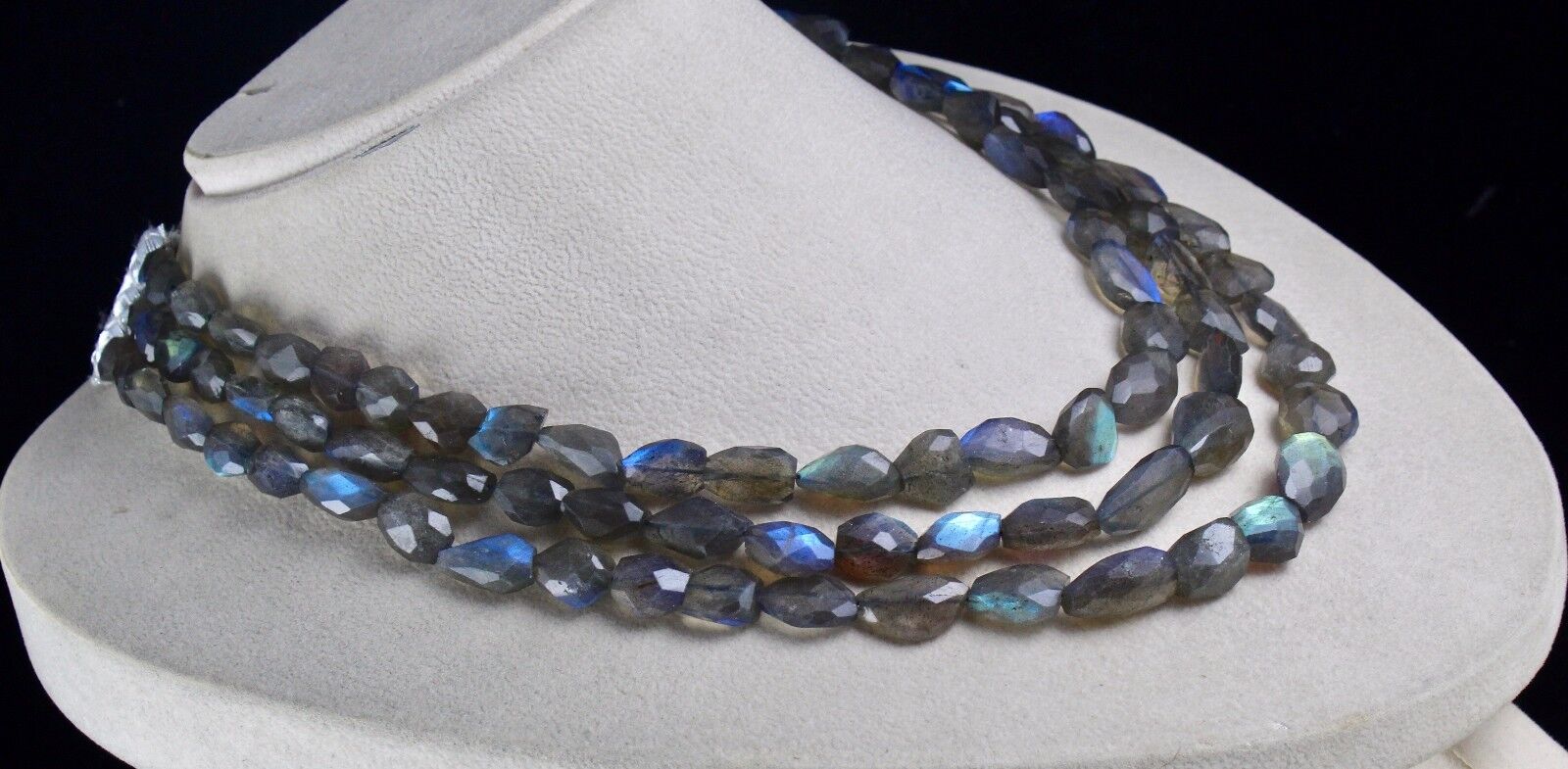 NATURAL BLACK LABRADORITE BEADS FACETED TUMBLE 3 LINE 573 CTS GEMSTONE NECKLACE