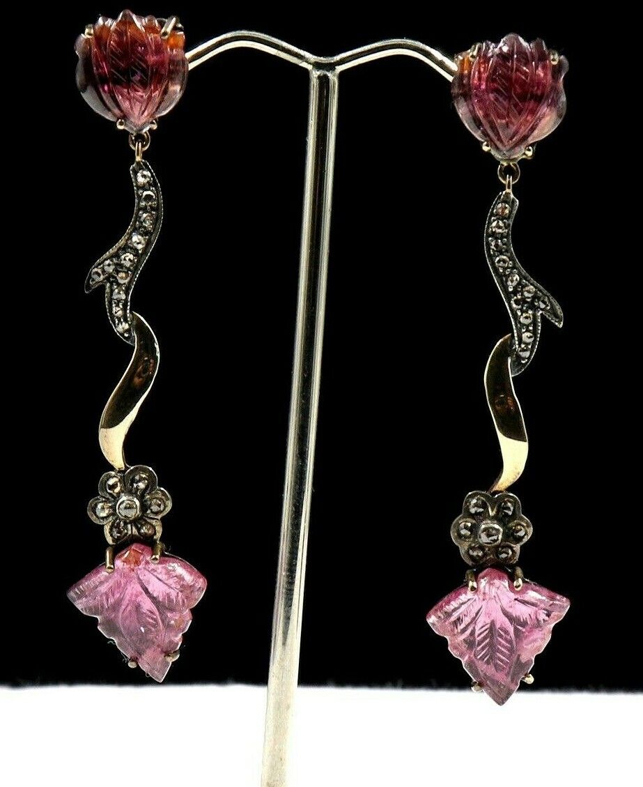 Natural Pink Tourmaline Carved Diamond 18K Gold 925 Silver Victorian Earring