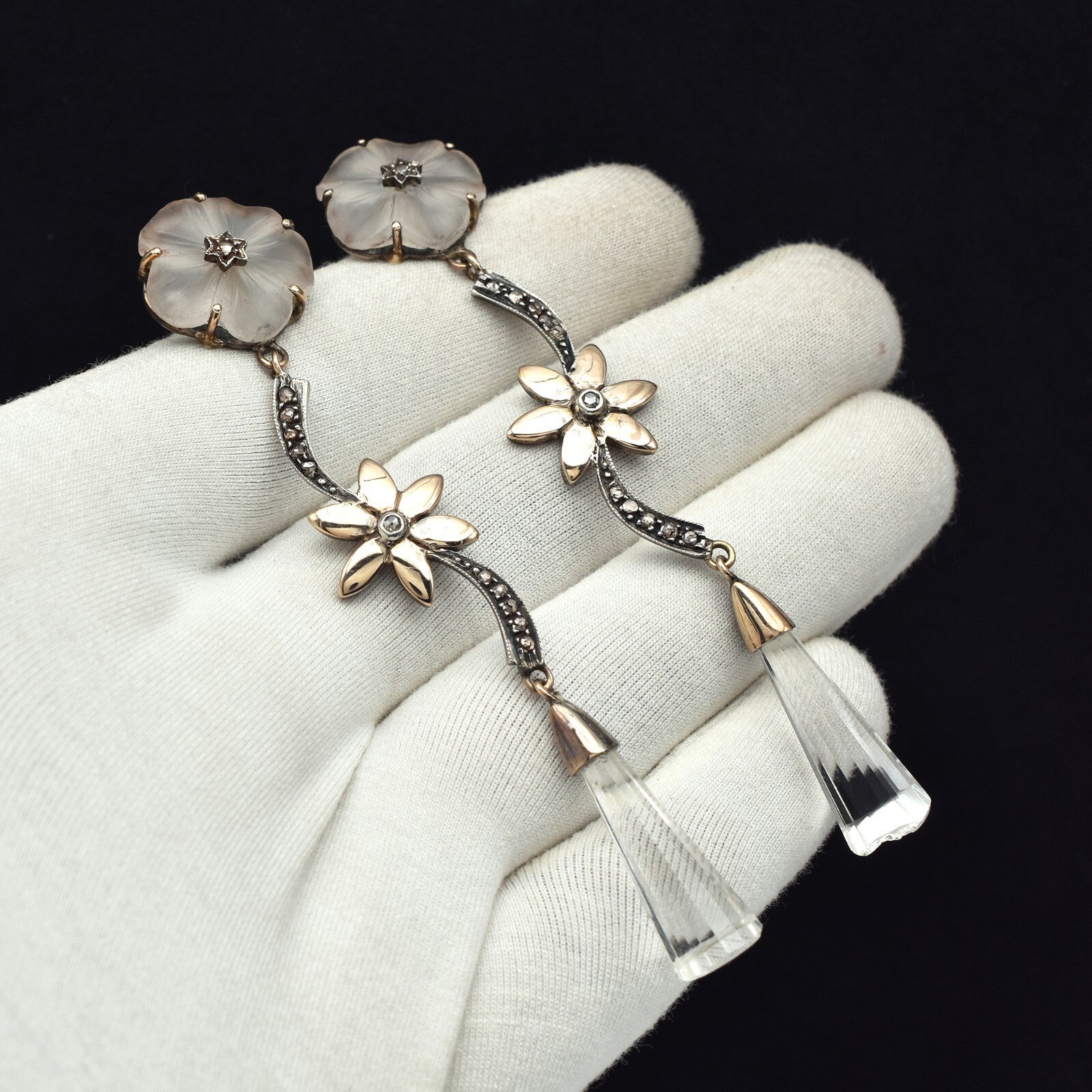 Natural Rock Crystal Quartz 100ct Natural Diamond 18k & Sterling Silver Earrings