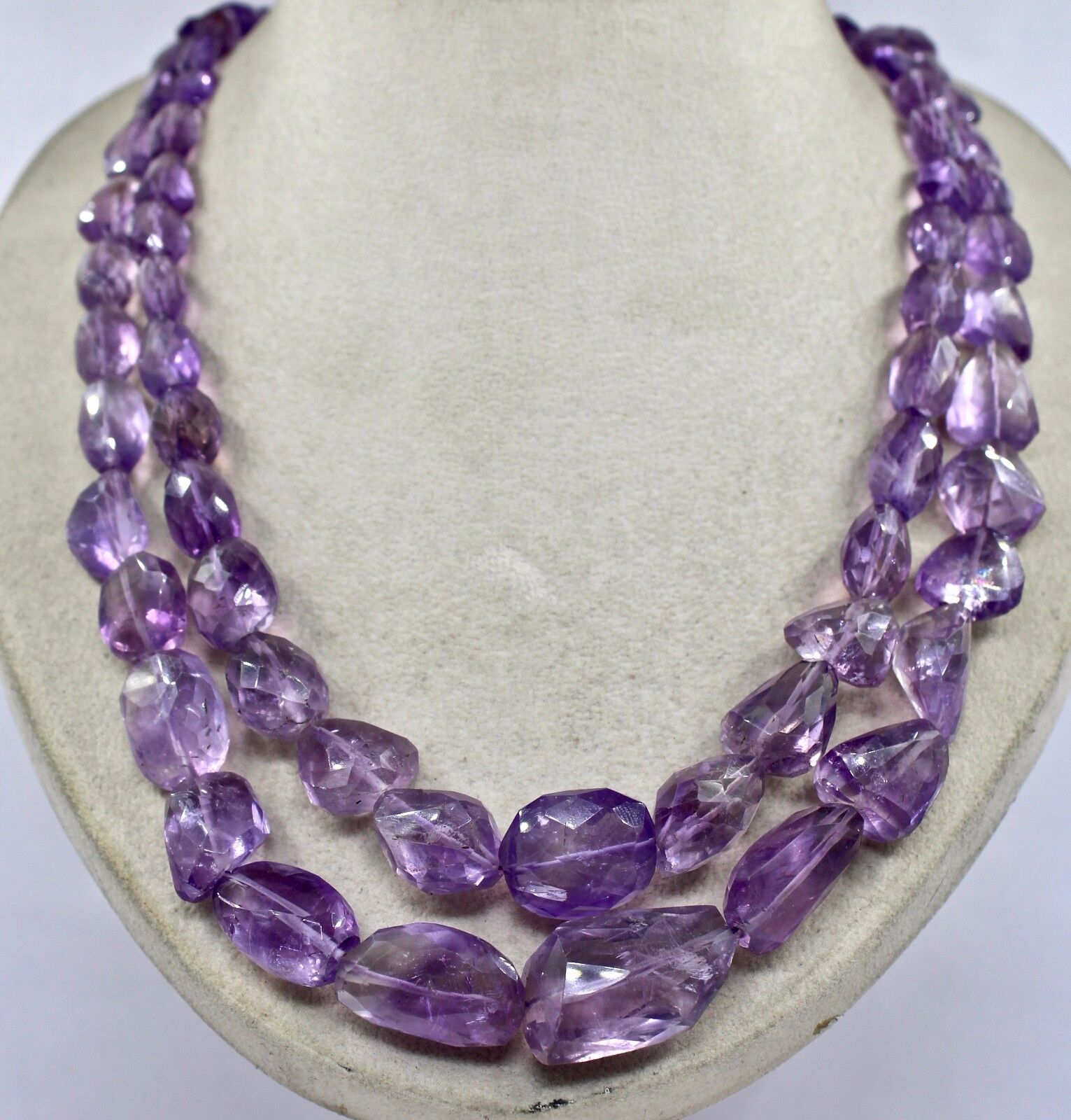 NATURAL AMETHYST BEADS FACETED TUMBLE 2 LINE 970 CTS GEMSTONE LADIES NECKLACE
