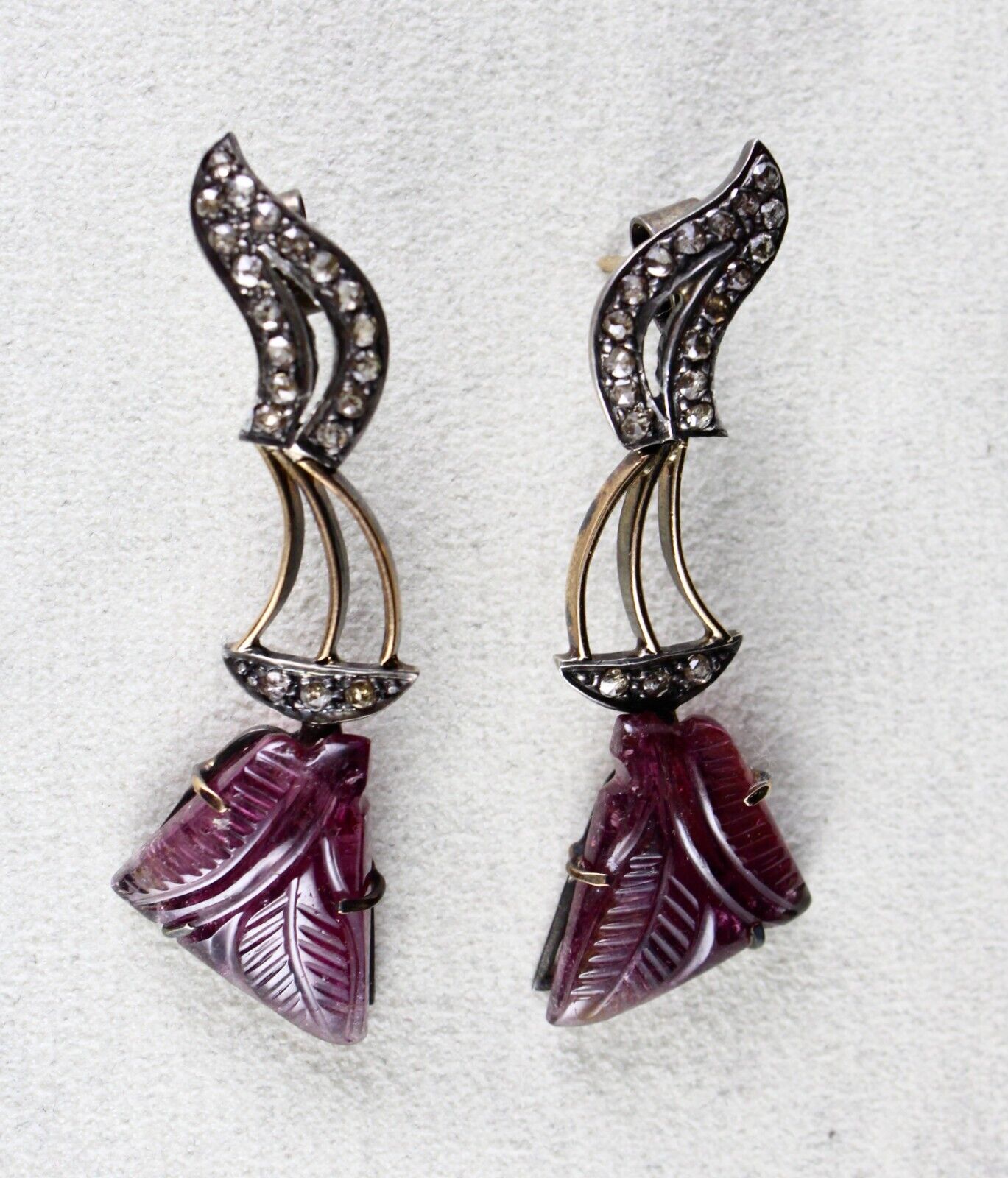 Natural Pink Tourmaline Carved Diamond 18K Gold Silver Victorian Antique Earring