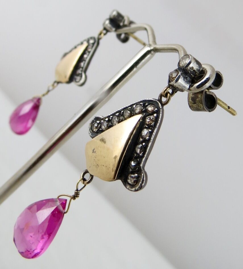 Silver Victorian Dangle Earring Studded Natural Pink Tourmaline Diamond 18k Gold