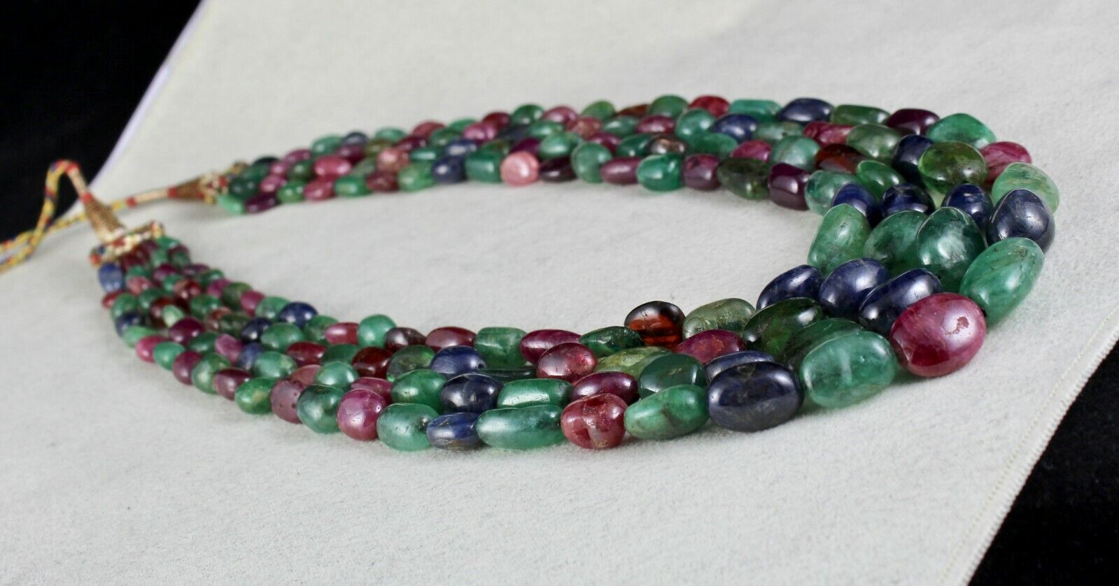 Natural Emerald Ruby Blue Sapphire Beads 4L 886 Ct Old Gemstone Antique Necklace