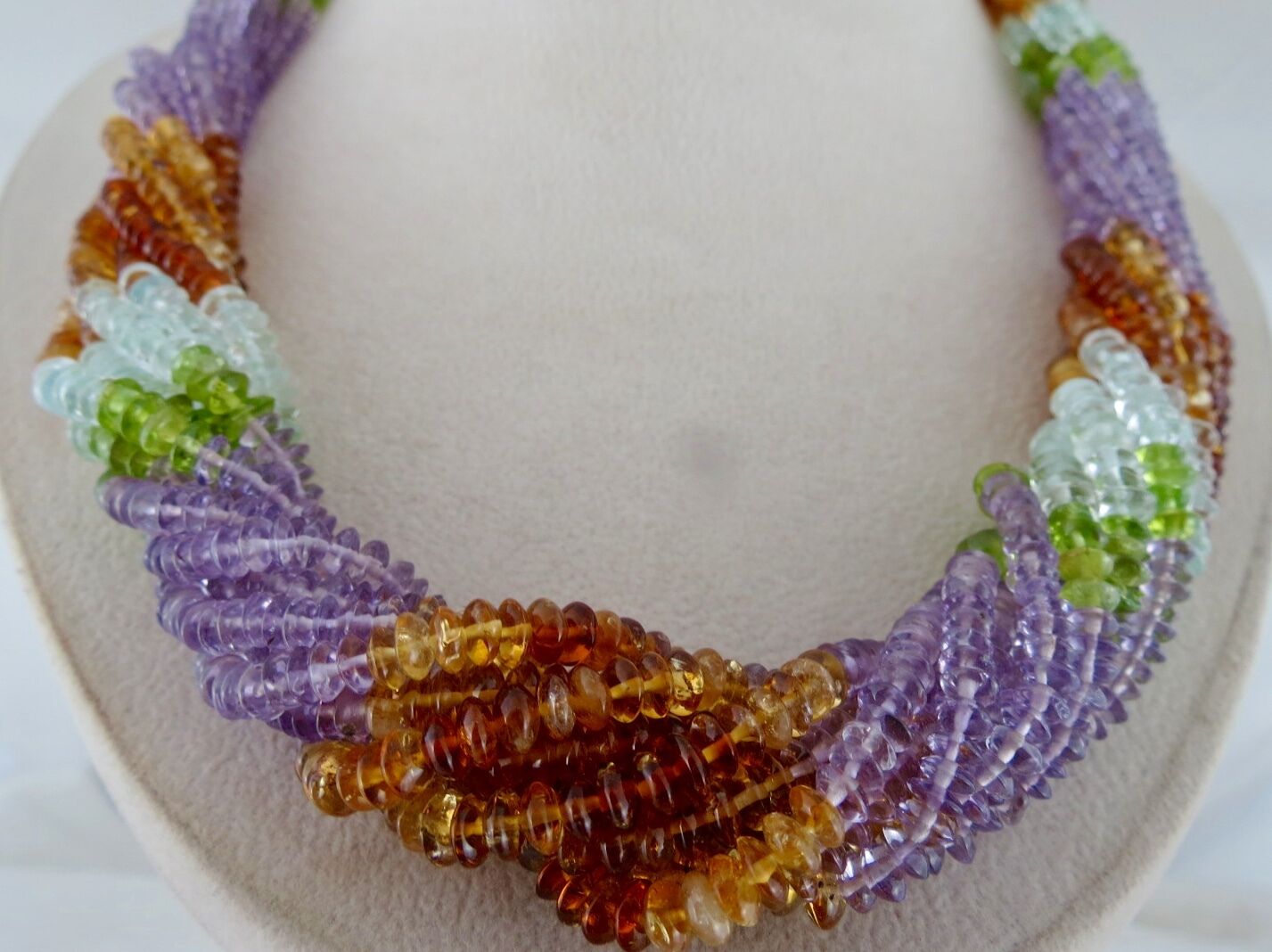 PERIDOT CITRINE AMETHYST BLUE TOPAZ AQUA 10 LINE 860 CTS ROUND BEADS NECKLACE