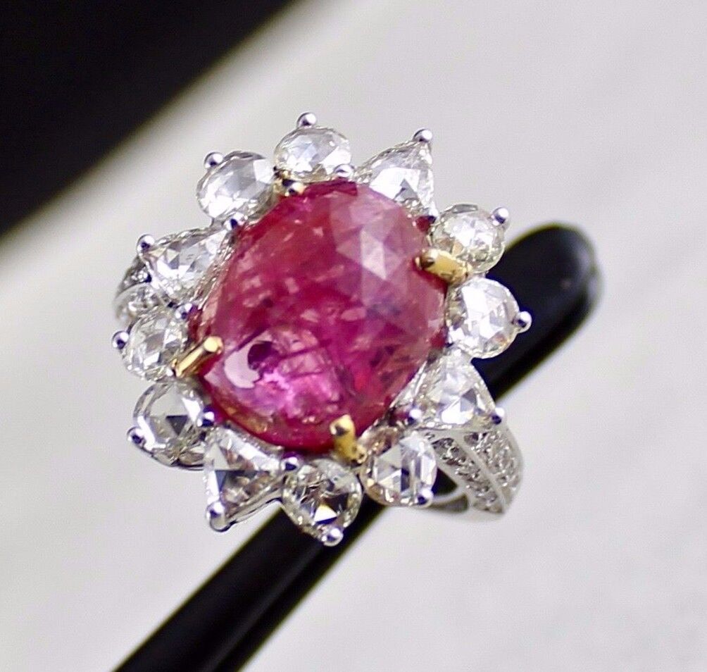 NATURAL BURMESE RUBY CABOCHON GEMSTONE DIAMOND 18K WHITE GOLD STATEMENT RING