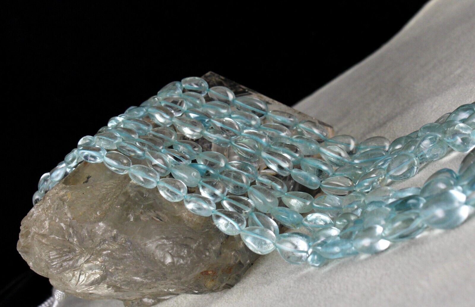 NATURAL BLUE TOPAZ BEADS DROPS 4 LINE 613 CARATS GEMSTONE BEADED FINE NECKLACE