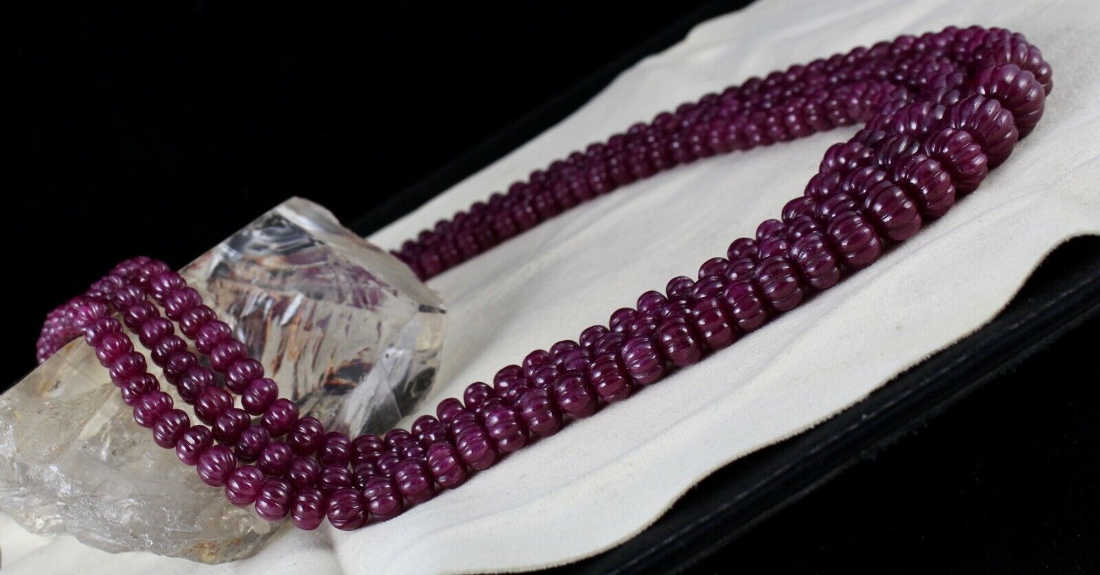 NATURAL UNTREATED RUBY BEADS CARVED MELON 3 LINE 1378 CARATS GEMSTONE NECKLACE